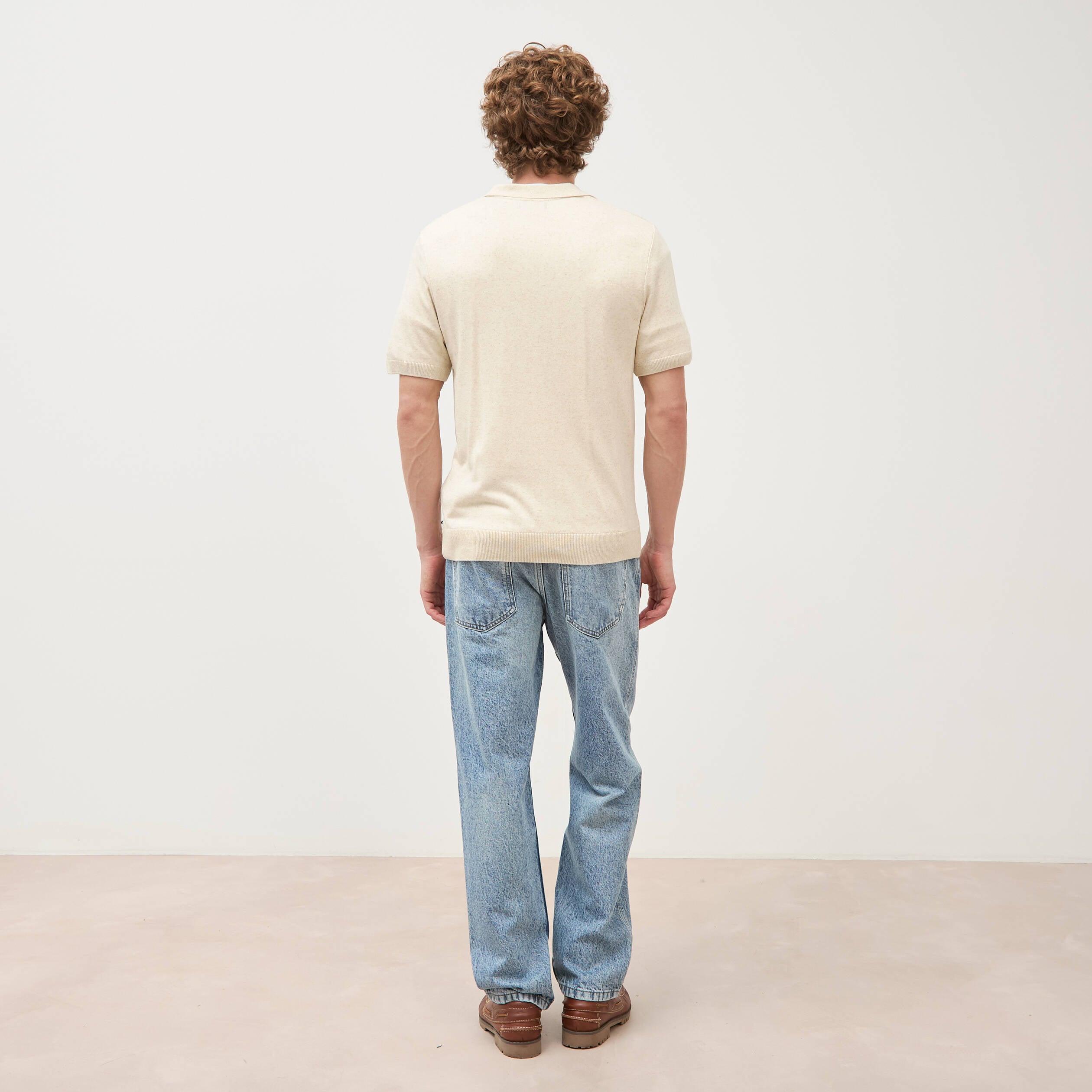 Polo manches courtes col cubain ecru homme