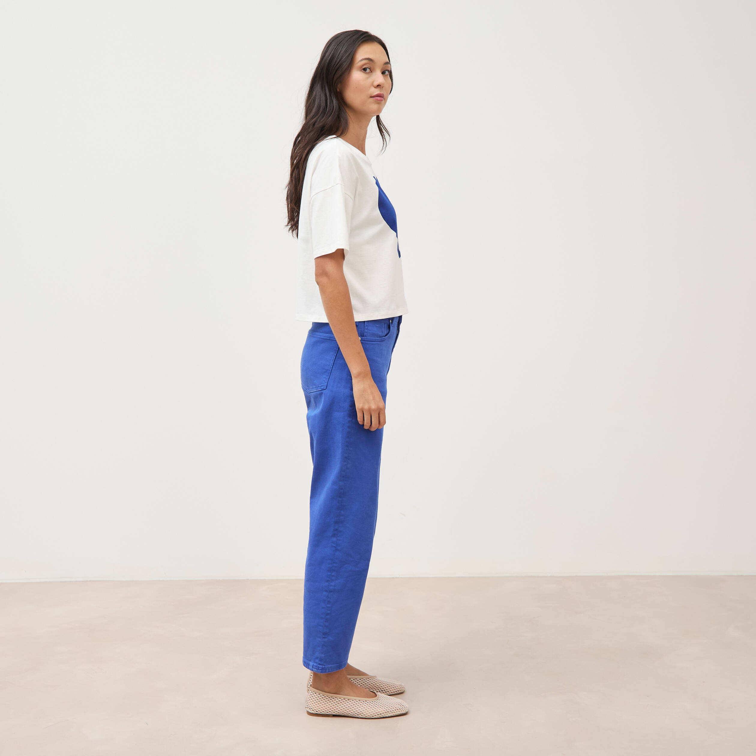 Pantalon straight taille haute bleu electrique femme