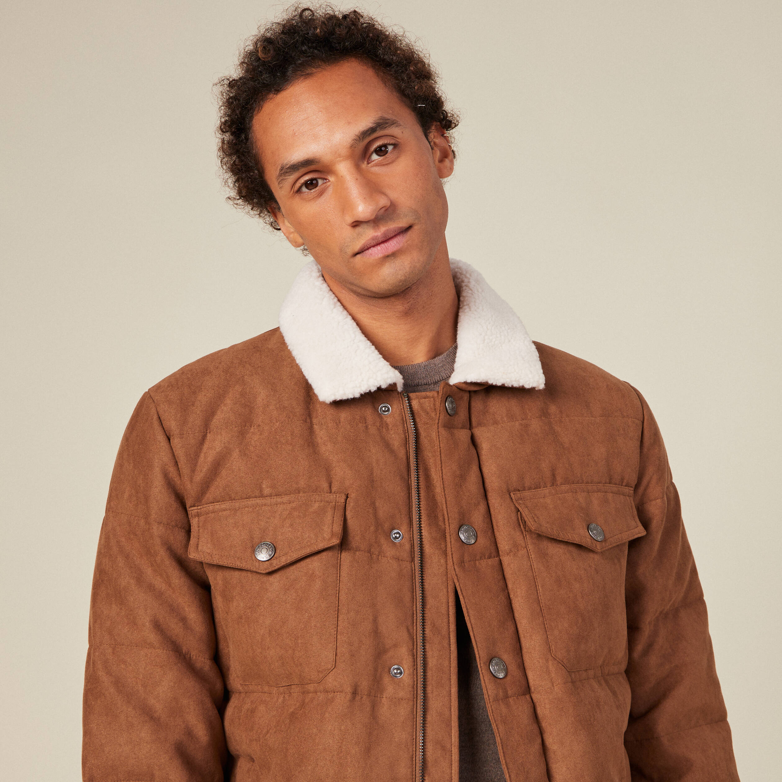 Doudoune suédine droite marron homme