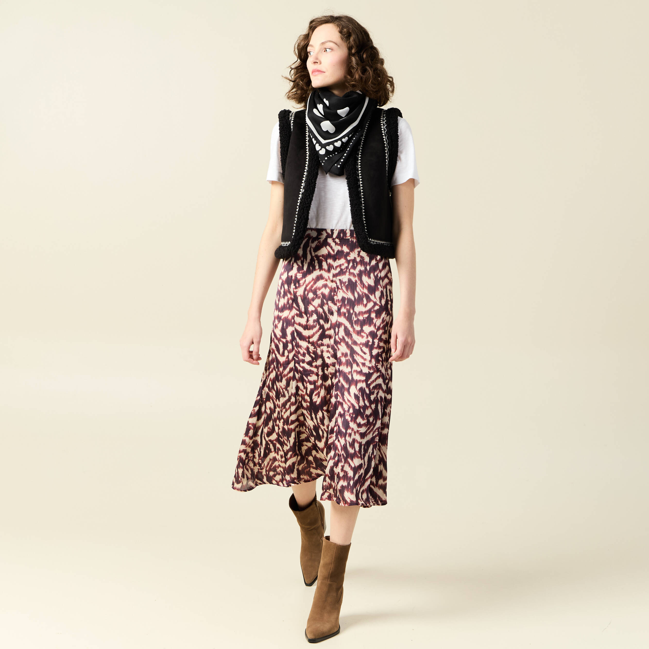 jupe midi evasee fluide marron femme Jupe midi évasée fluide marron femme