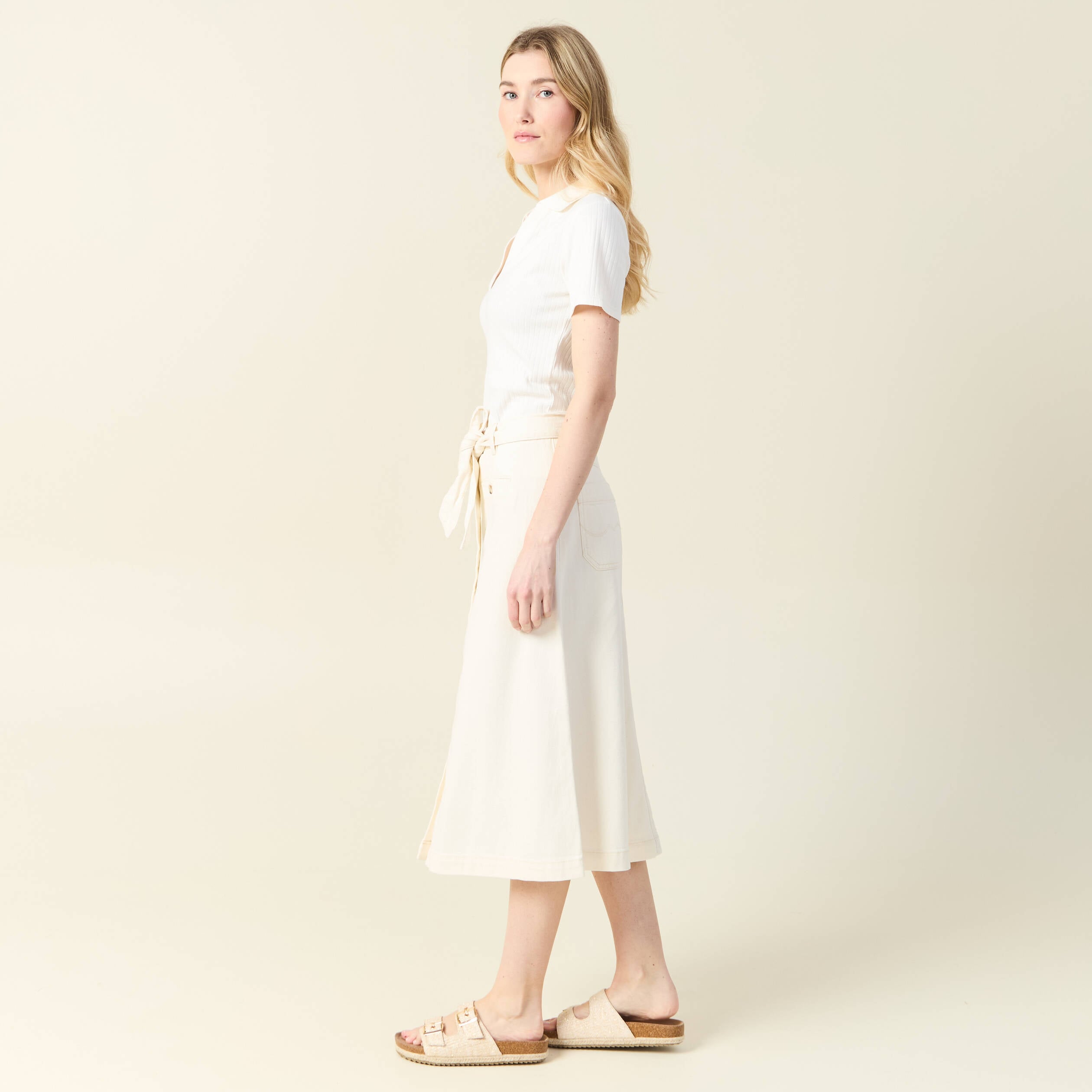 Jupe midi trap&egrave;ze denim blanc femme