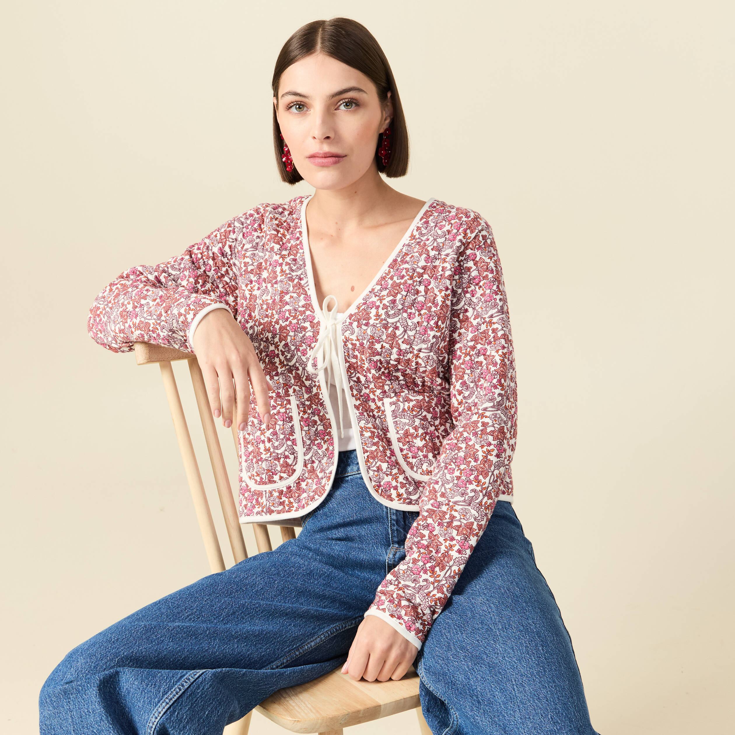 Cardigan droit court manches longues orange corail femme