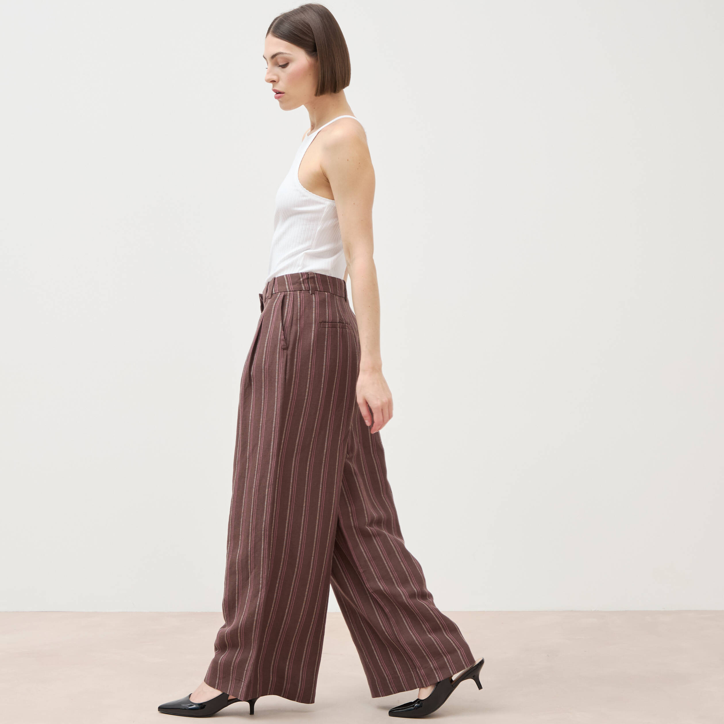 Pantalon large taille haute ray&eacute; marron chocolat femme