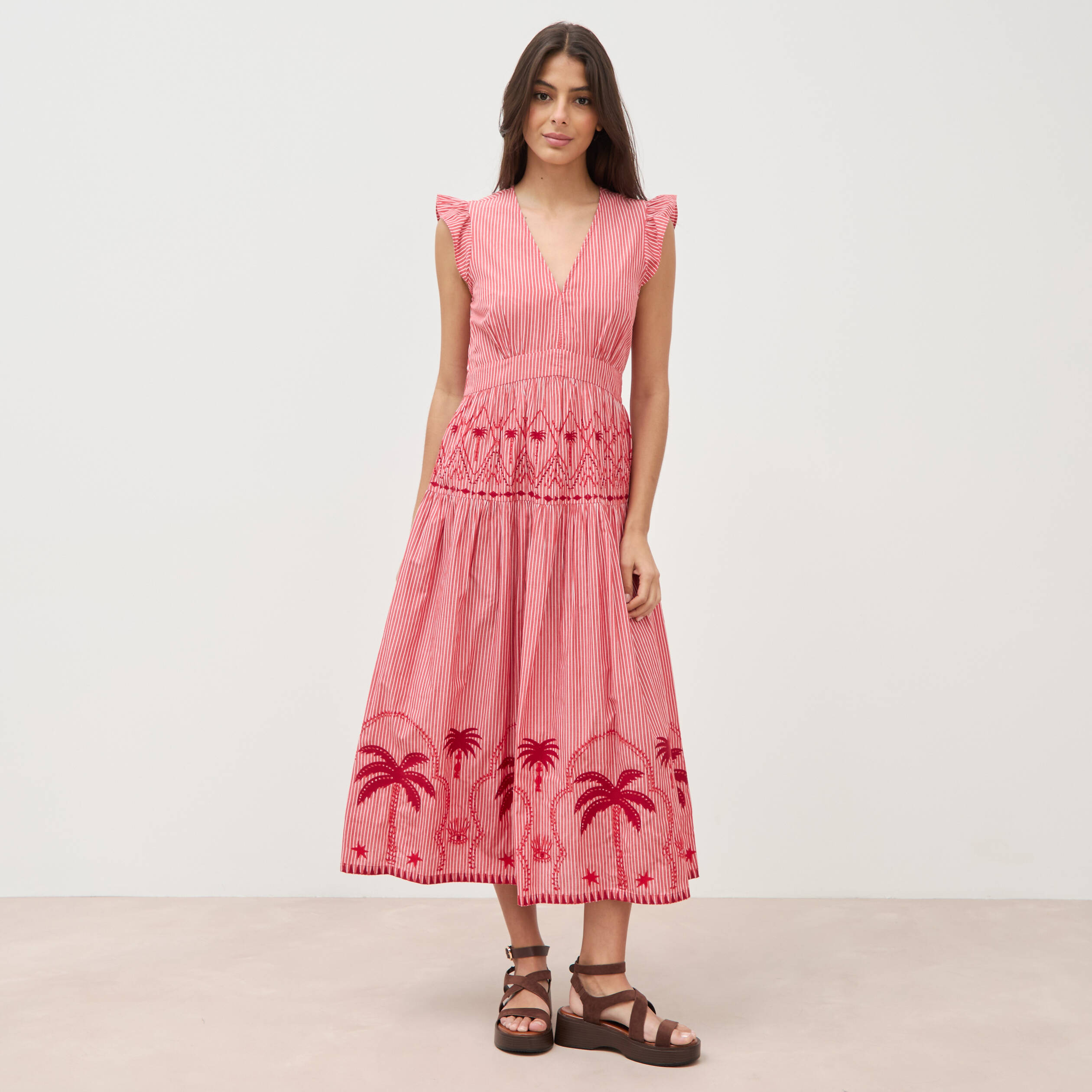 Robe col v manches volantes en coton rouge femme