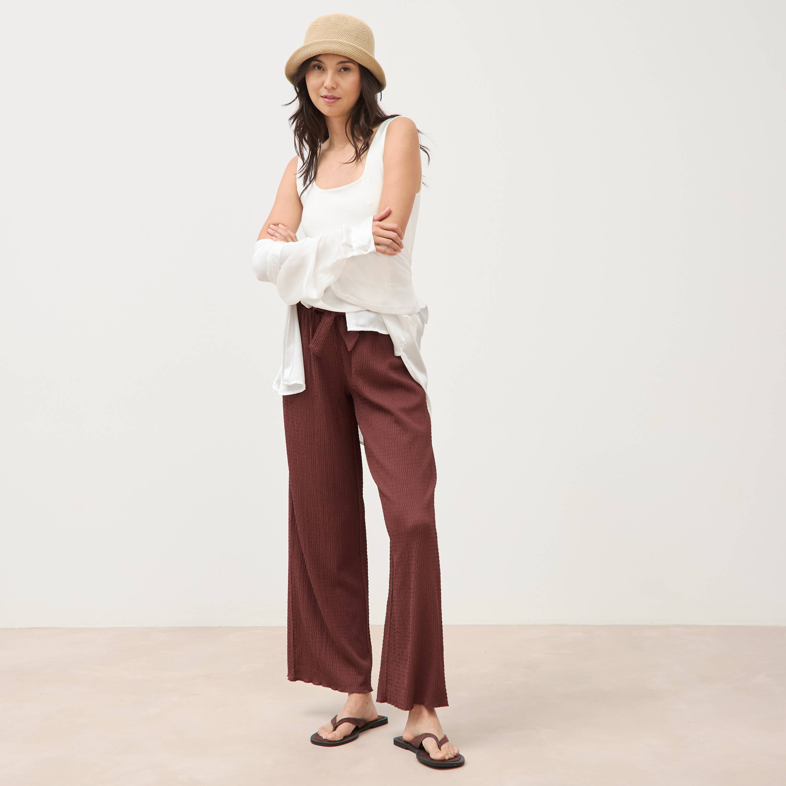 Pantalon loose avec ceinture marron cognac femme