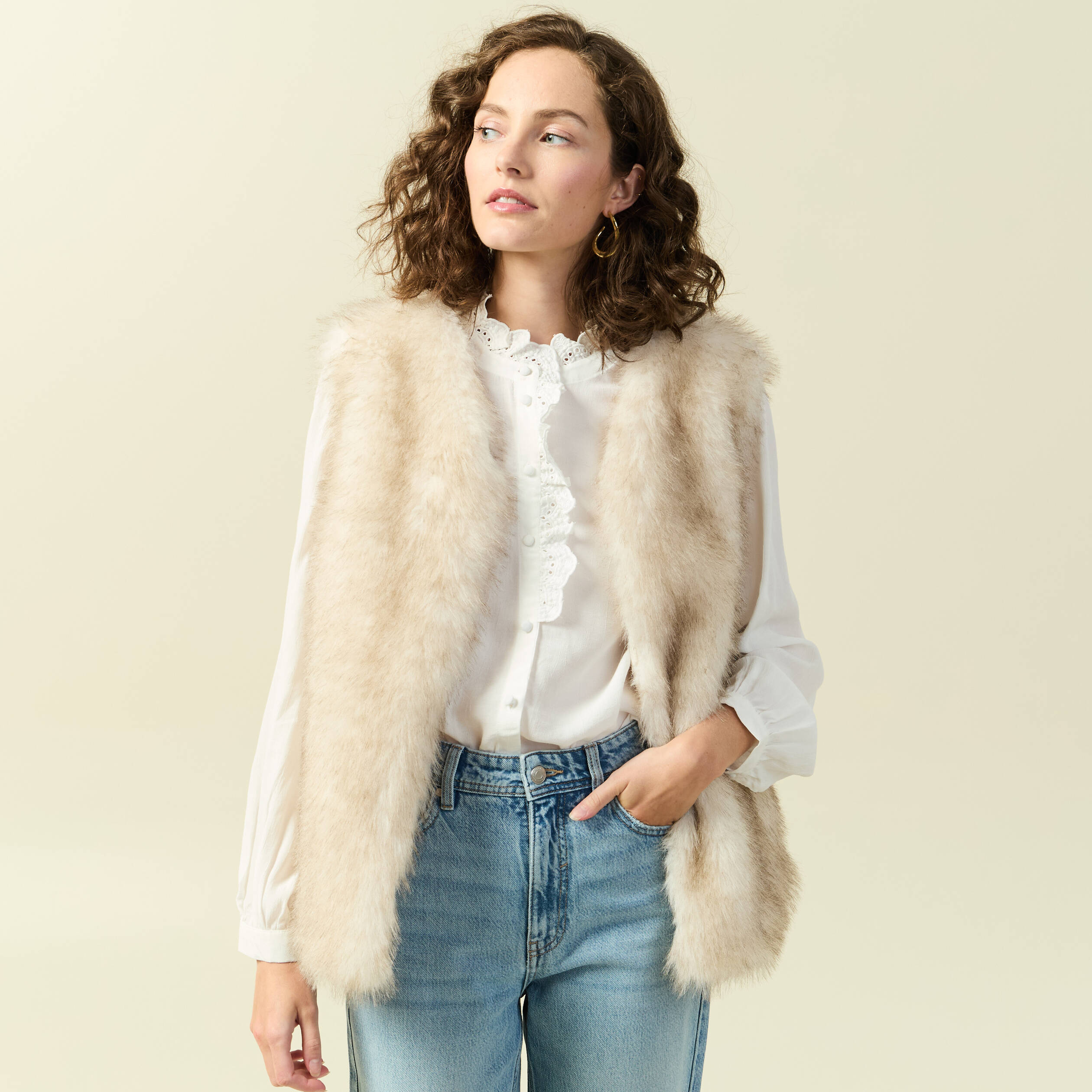 Gilet col tailleur manches longues creme femme