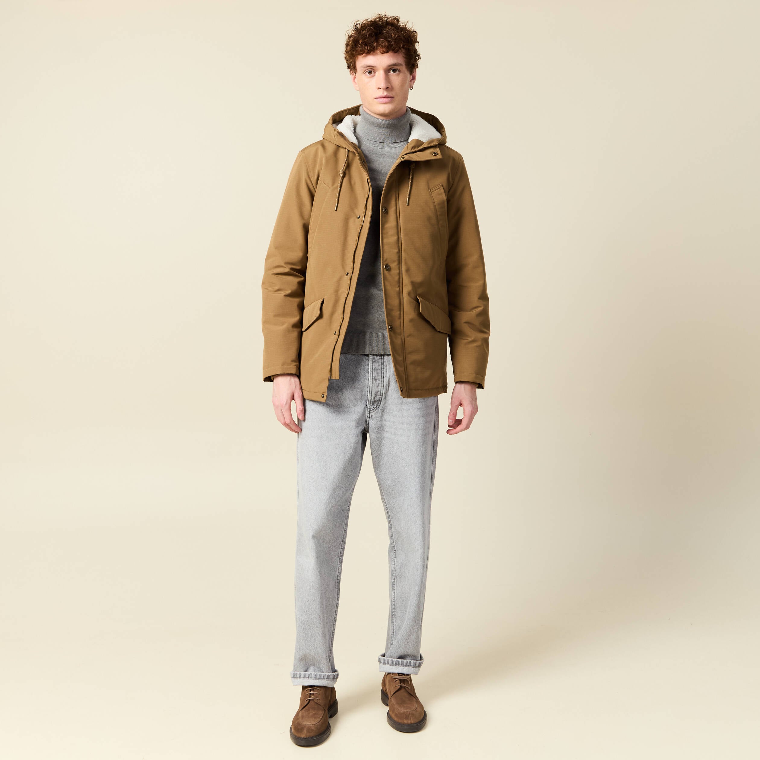 Parka droite mi-longue &agrave; capuche beige homme