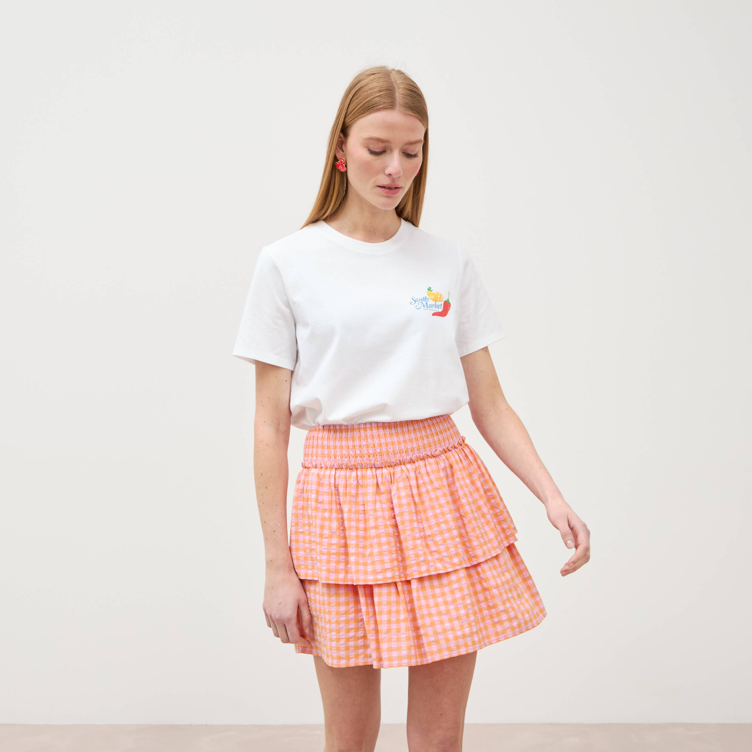 Jupe fluide &agrave; carreaux doubl&eacute;e orange abricot femme
