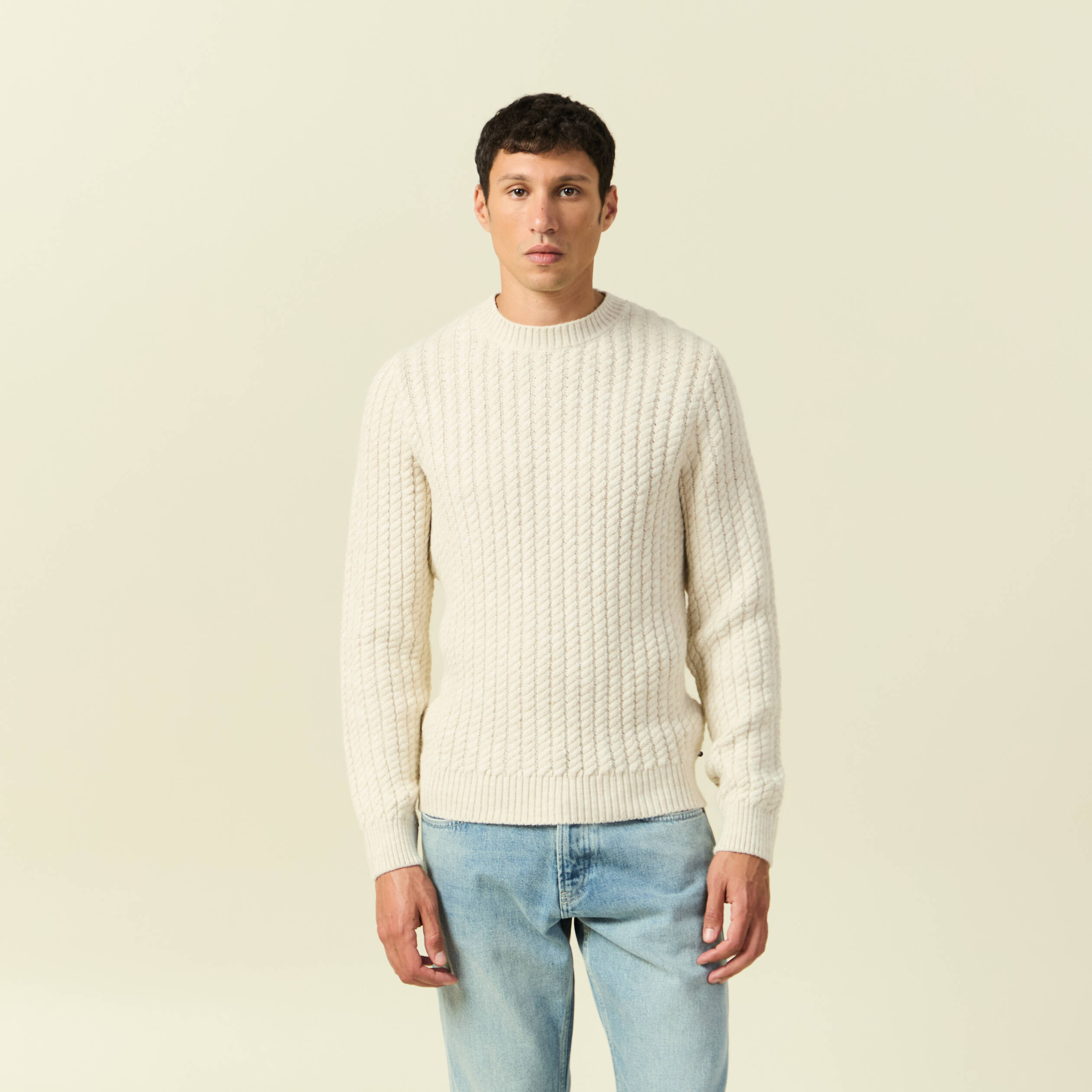 Pull col rond manches longues ecru homme