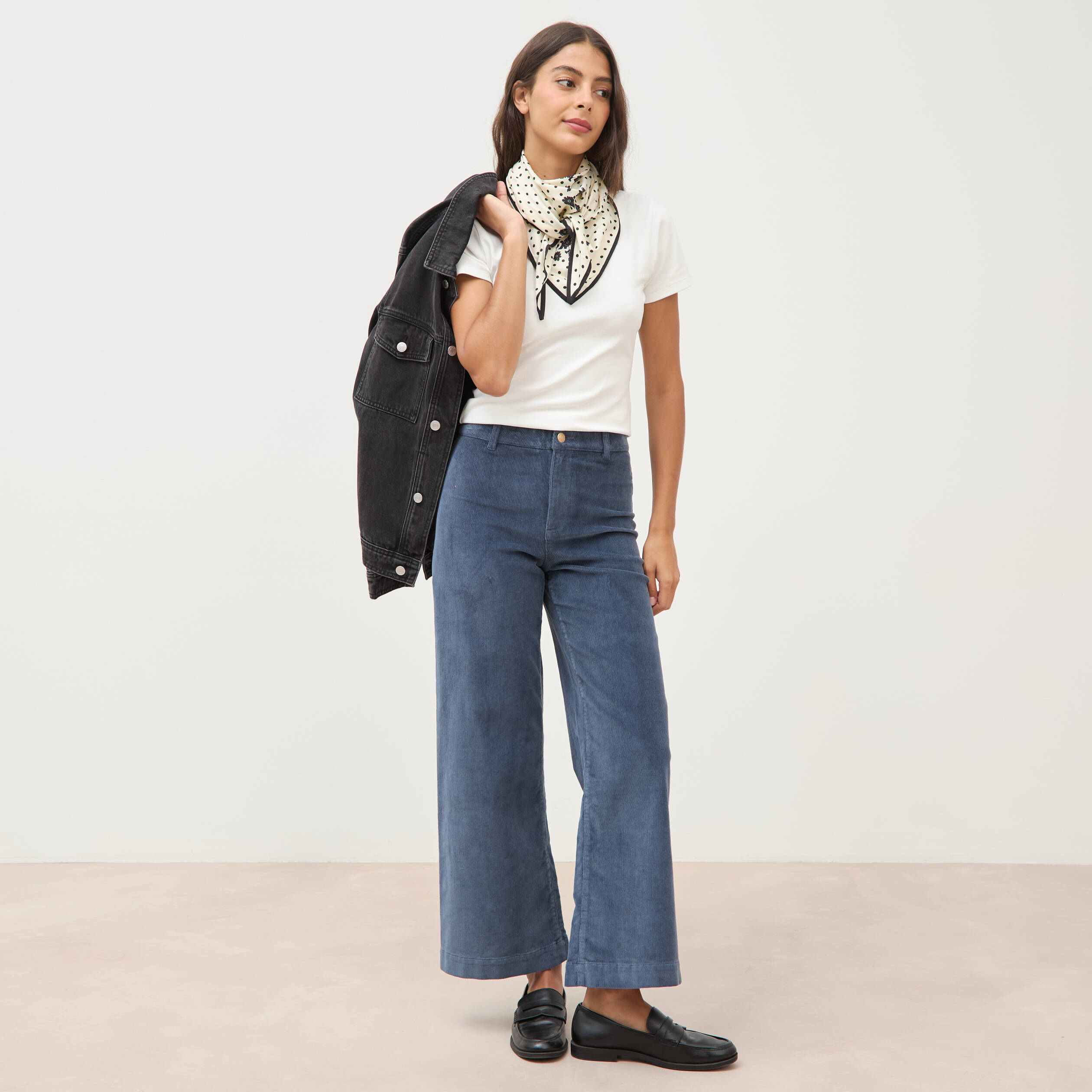 Pantalon large taille haute en velours gris femme