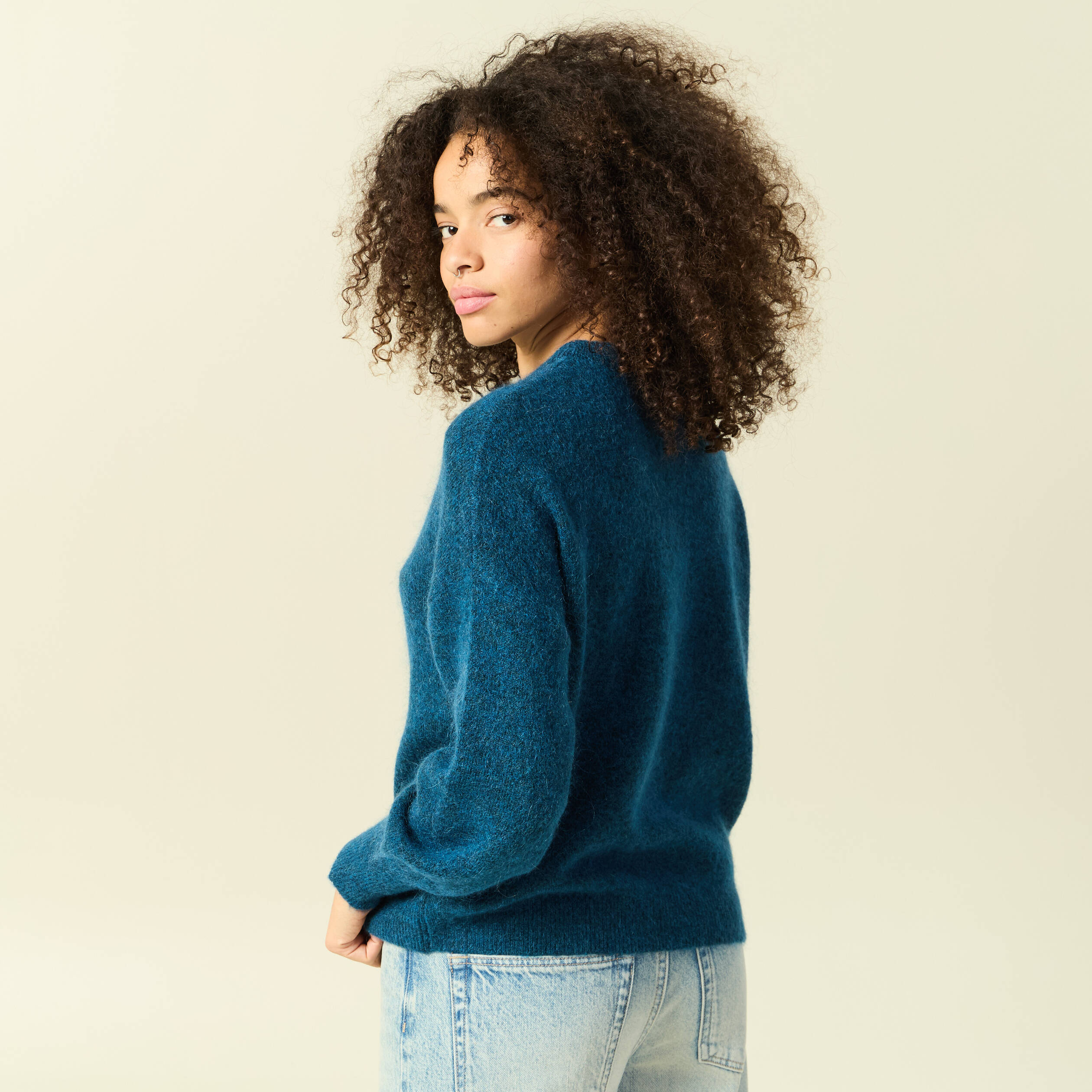 Pull col rond manches longues bleu canard femme
