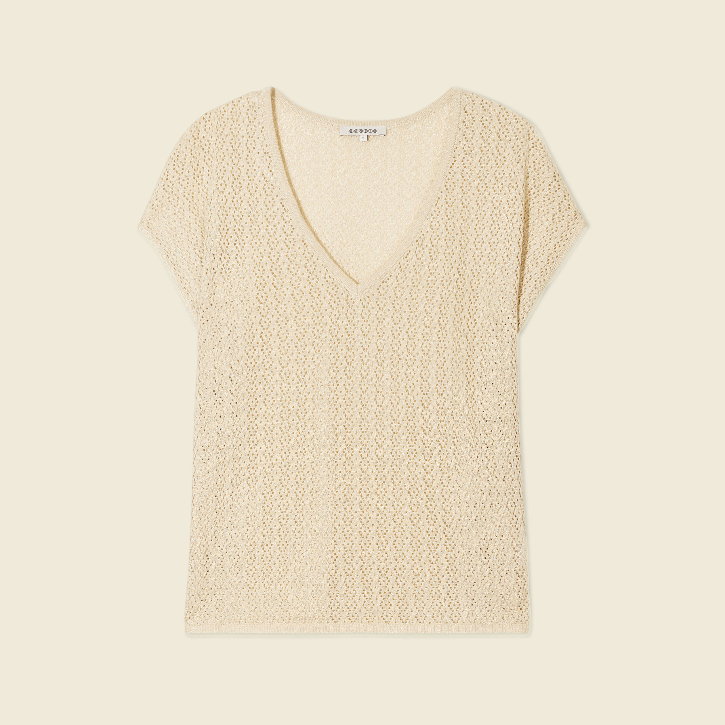 Pull manches courtes ajouré creme femme