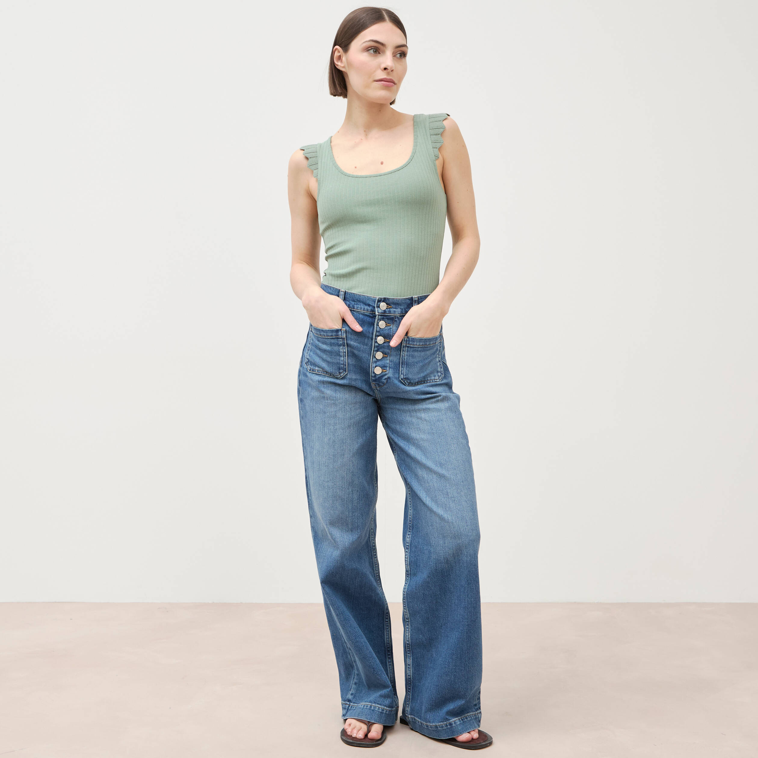 D&eacute;bardeur bretelles larges vert kaki femme