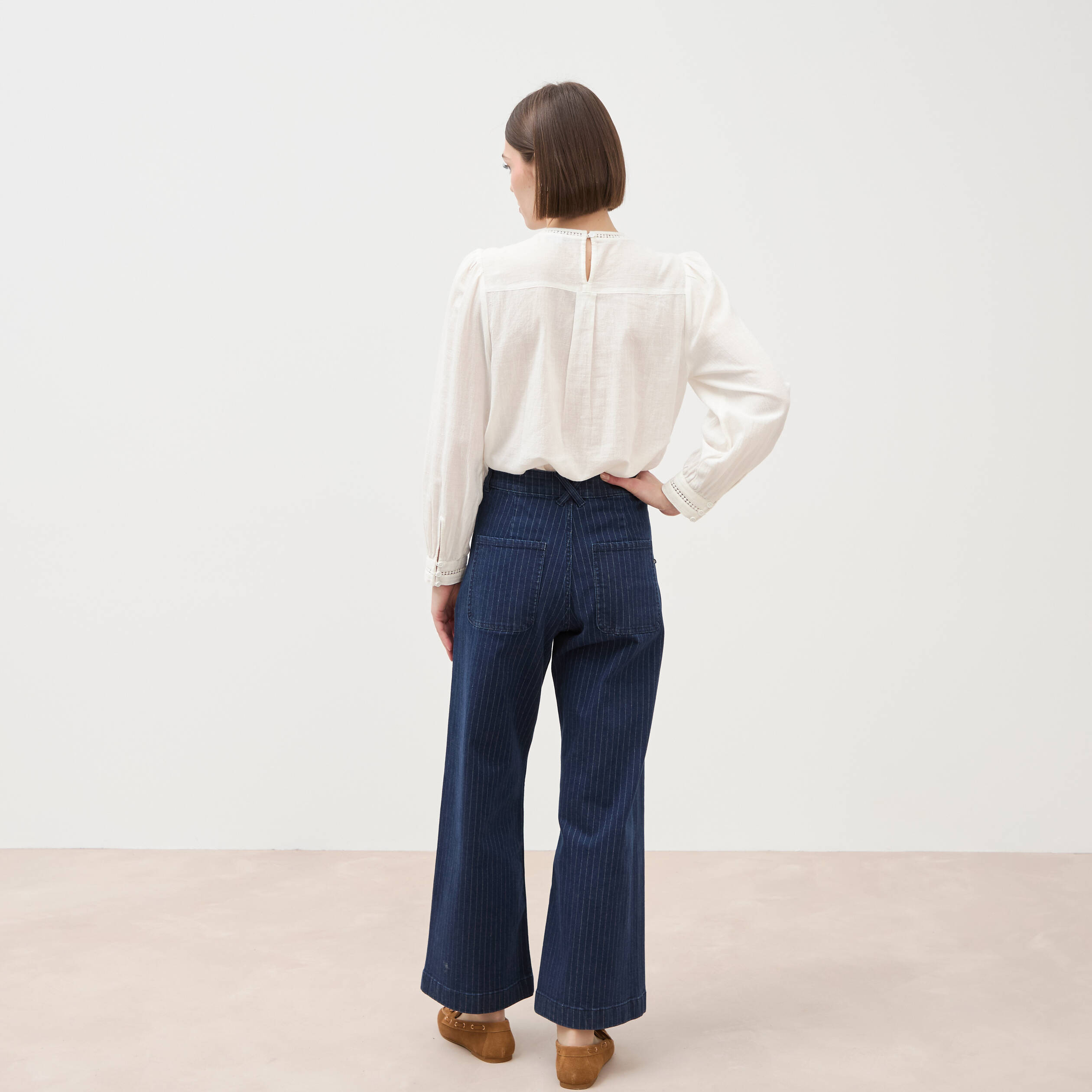 Jeans large cropped taille haute ray&eacute; denim brut femme