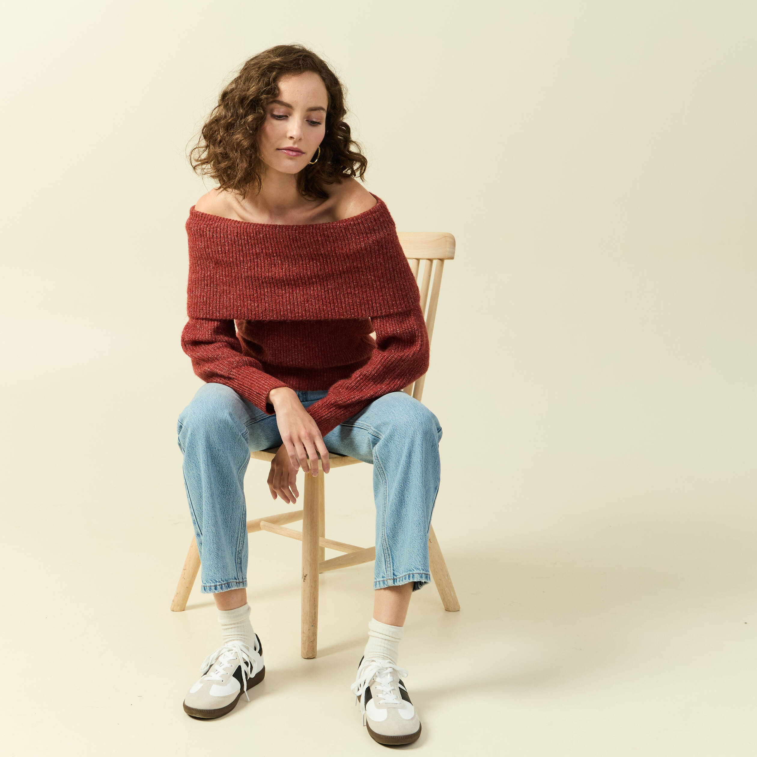 Pull manches longues col bardot vieux rose femme