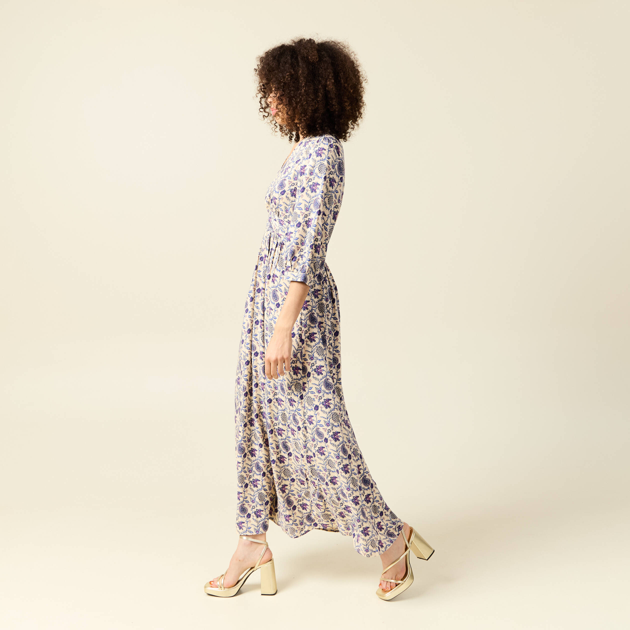 Robe col V manches longues bleu femme