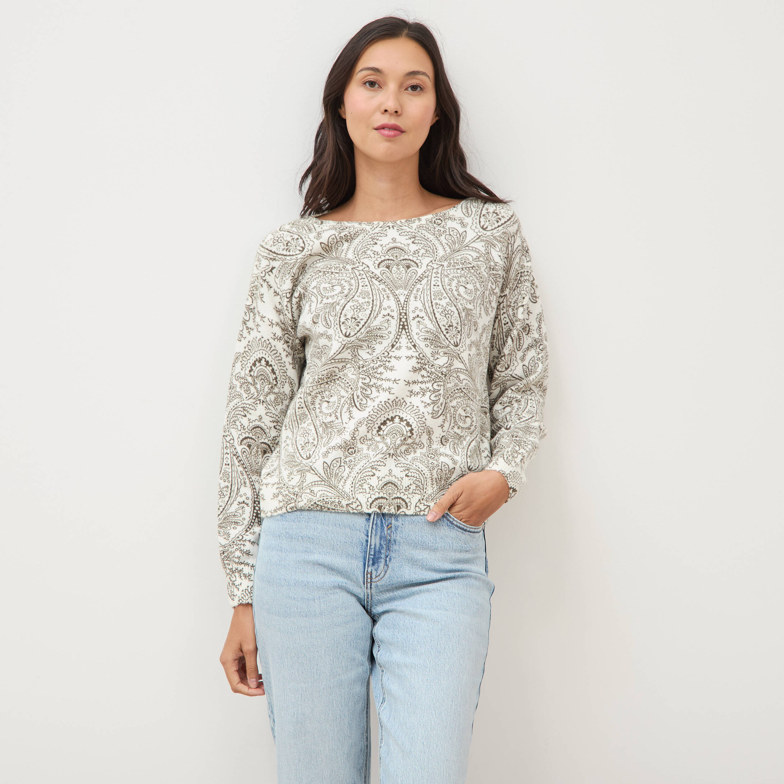 Pull manches longues col bateau vert kaki femme