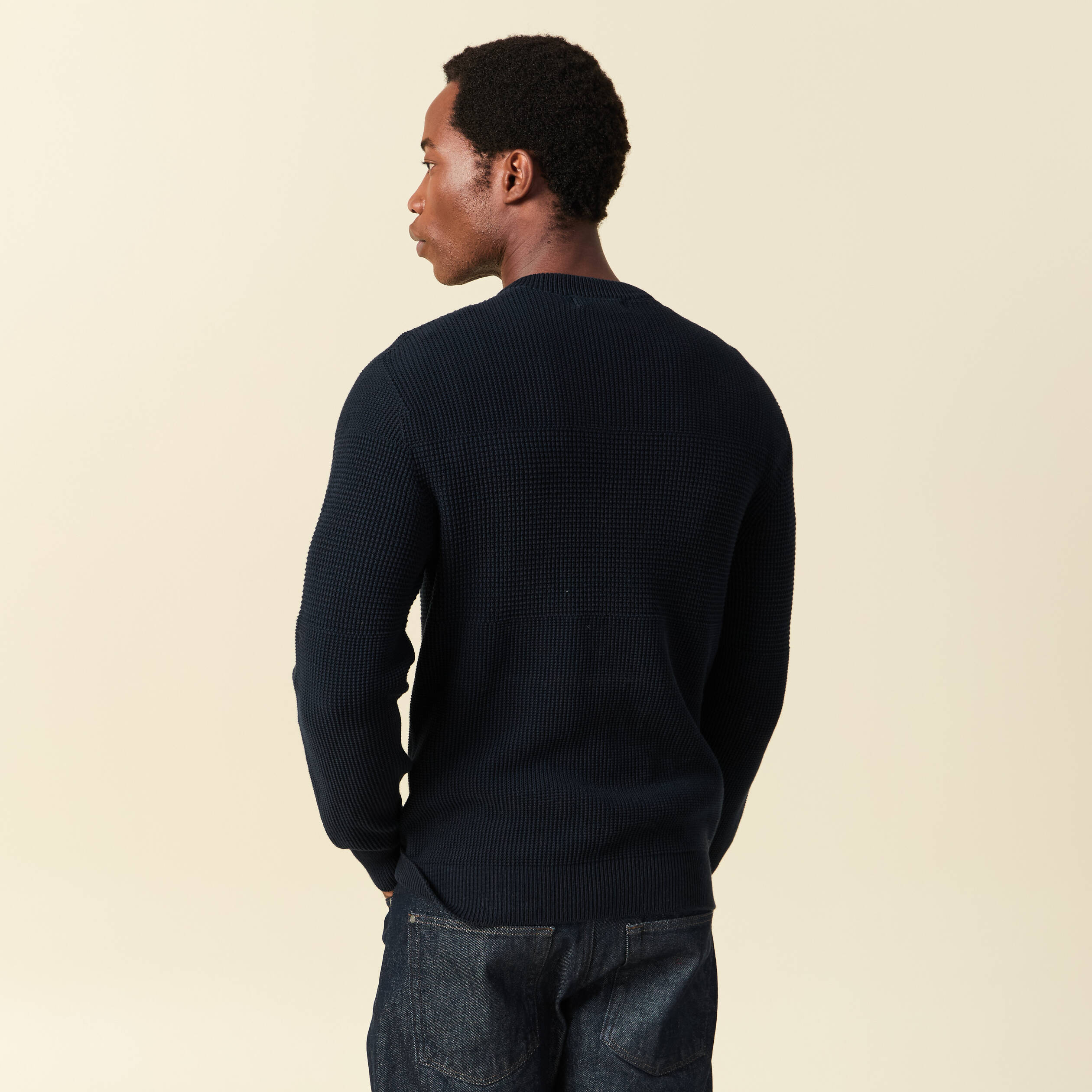 Pull col rond manches longues en coton bleu marine homme