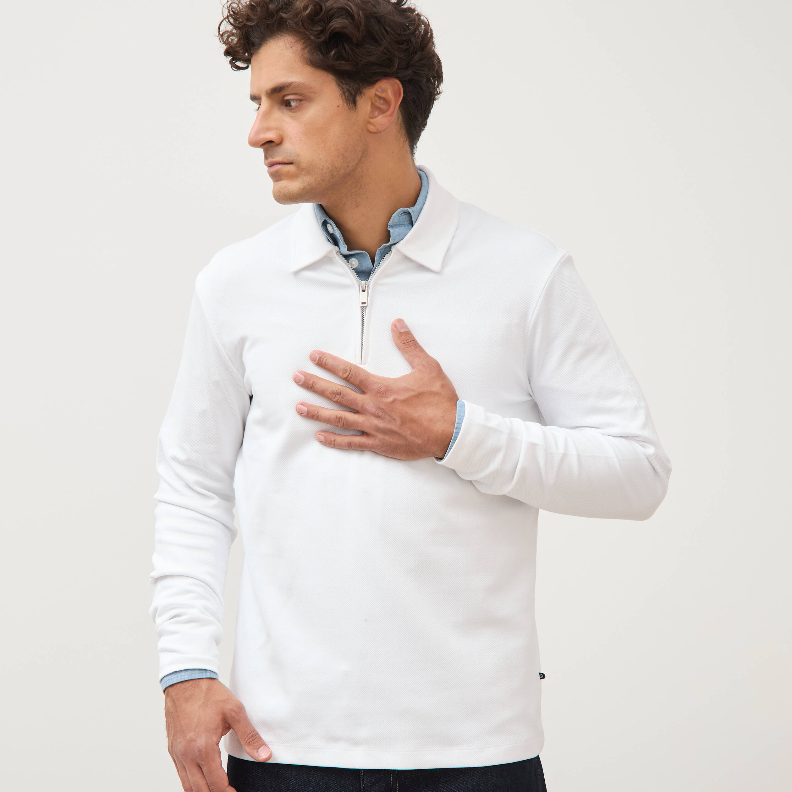 Polo droit manches longues blanc homme