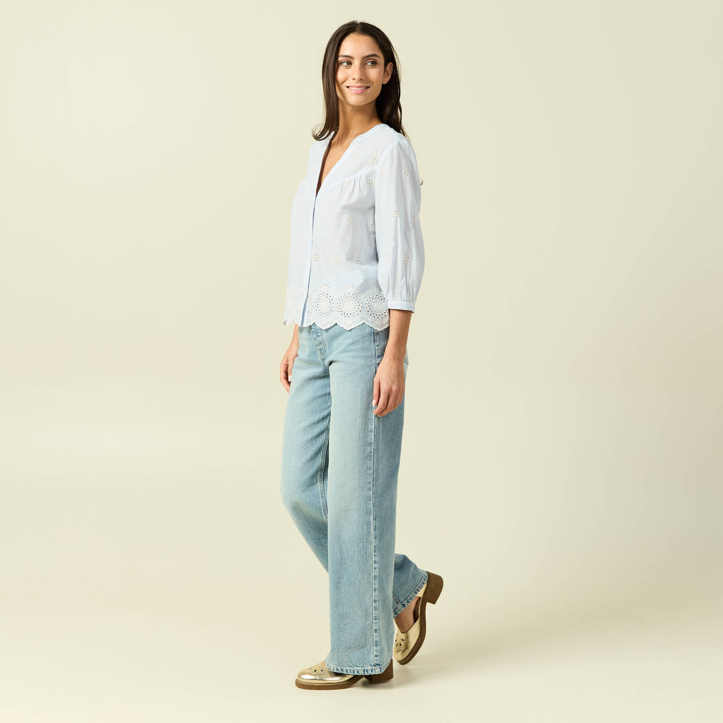 Chemise col tunisien manches 3/4 blanc femme