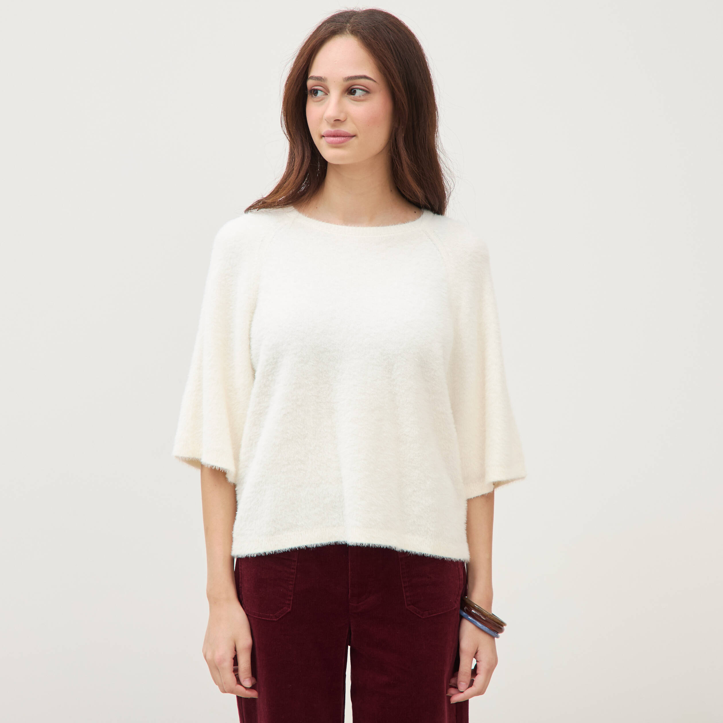 Pull droit manches 3/4 col rond ecru femme