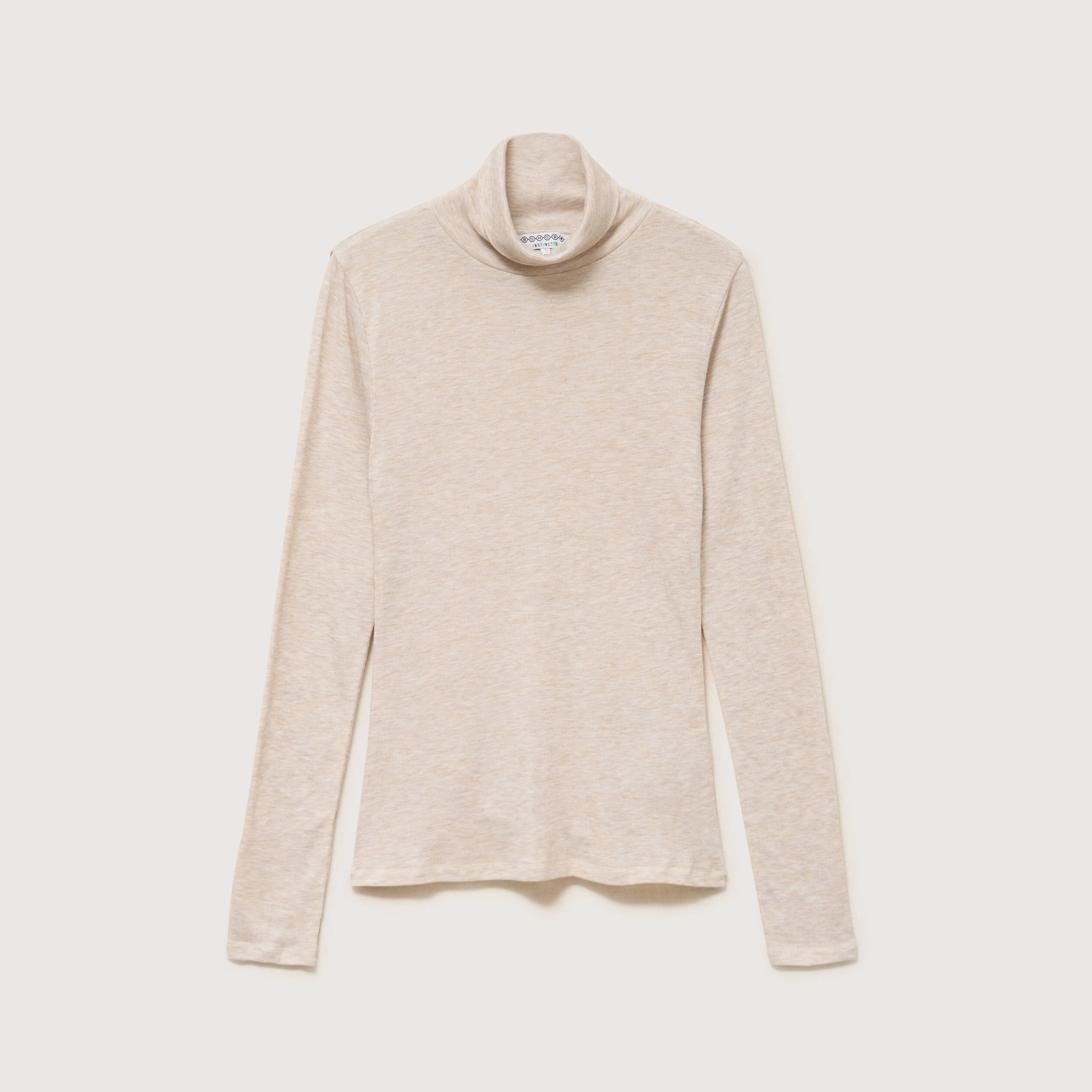 T-shirt cintr&eacute; manches longues col roul&eacute; beige femme