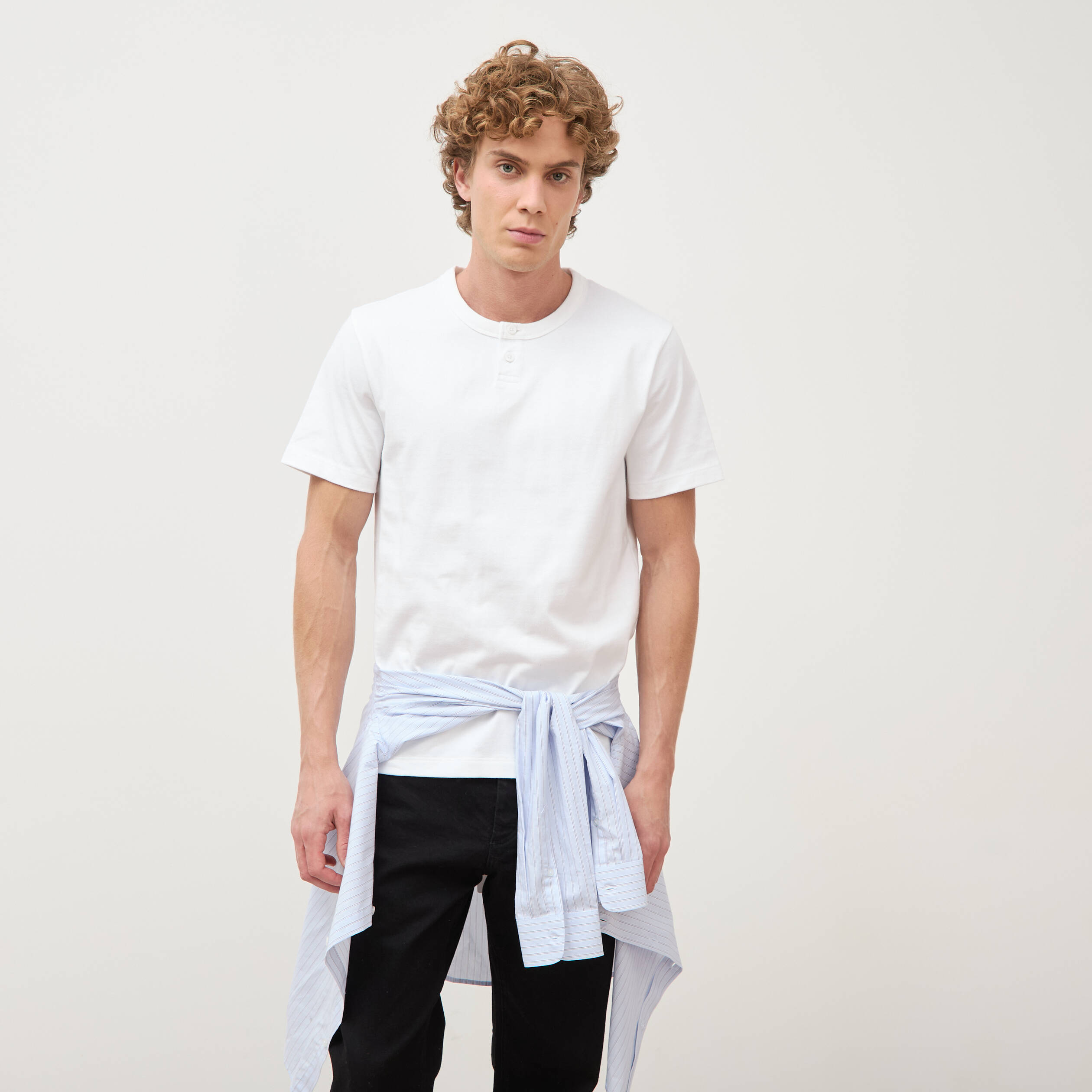 T-shirt col mao manches courtes en coton blanc homme