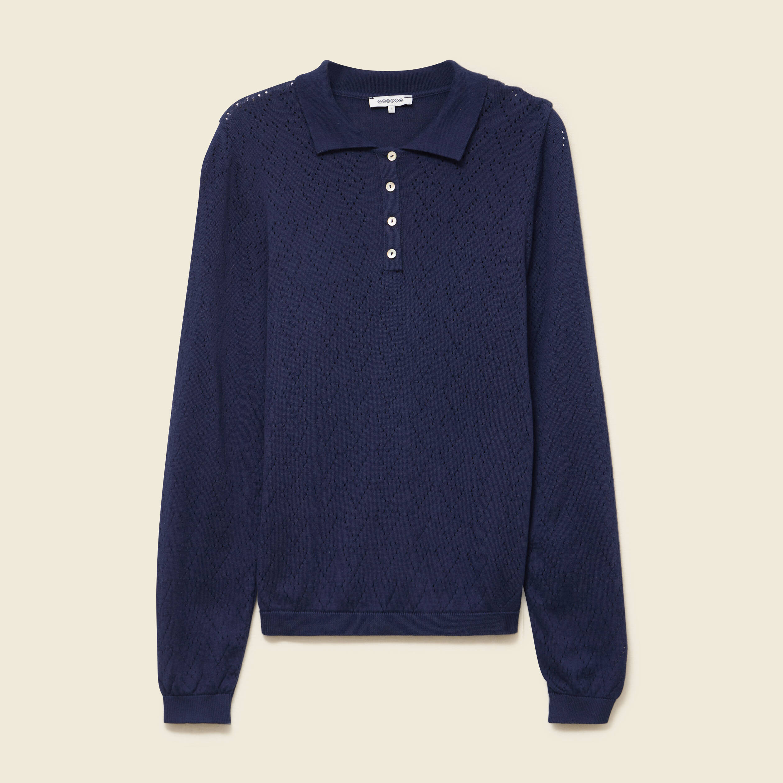 Pull ajour&eacute; manches longues en coton bleu marine femme