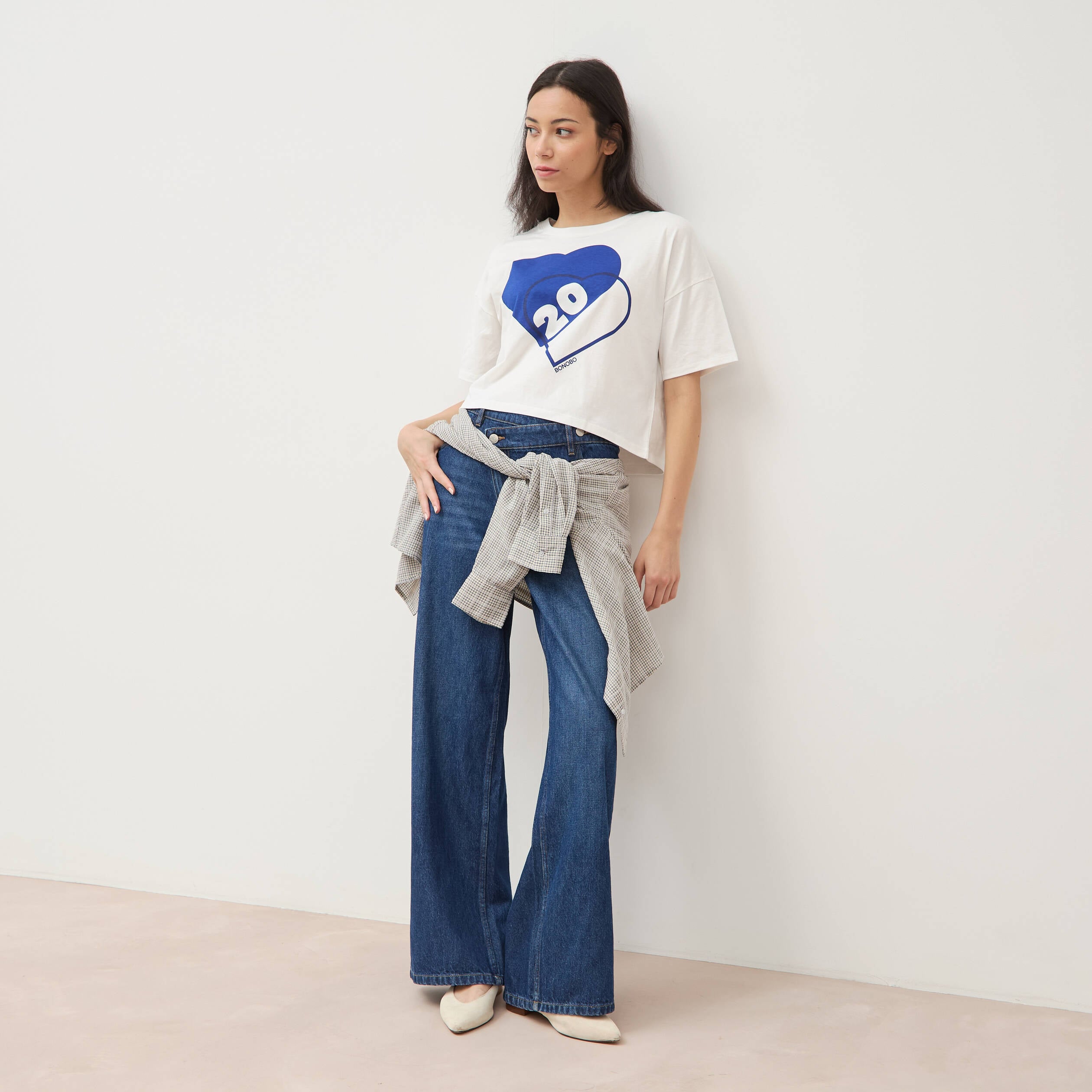 T-shirt droit cropped manches coude ecru femme