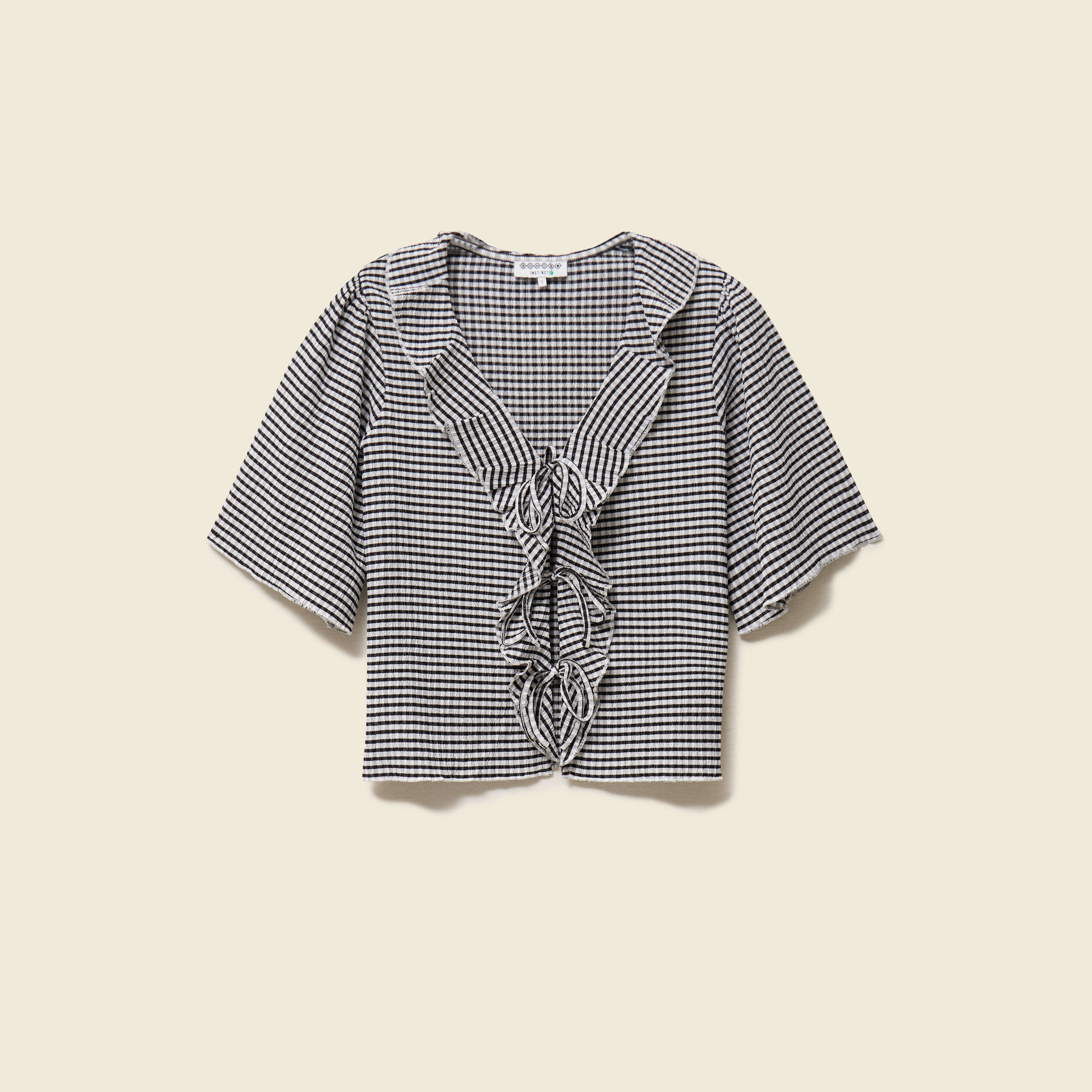 T-shirt col V &agrave; volants manches courtes ecru femme