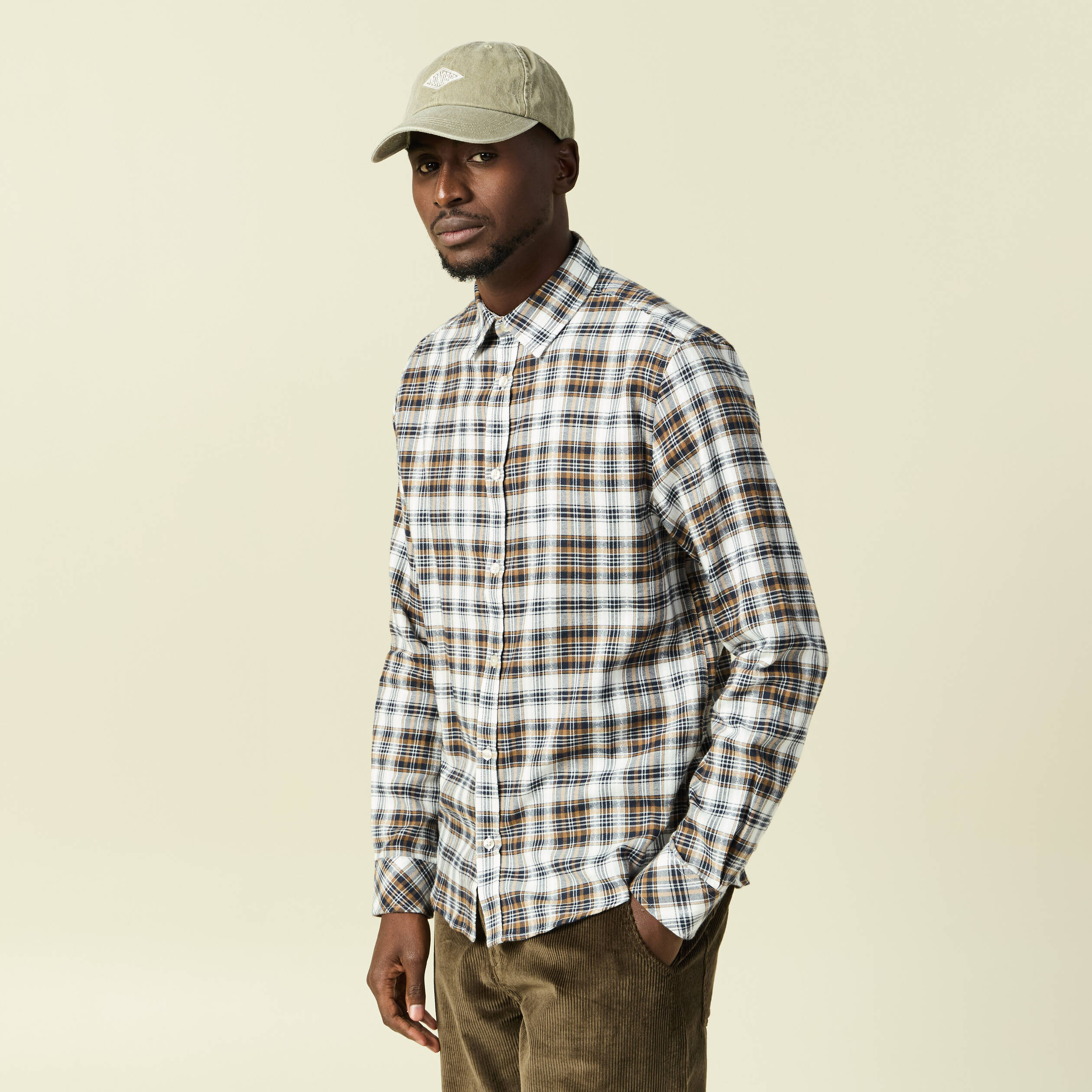 Chemise manches longues en coton vert kaki homme