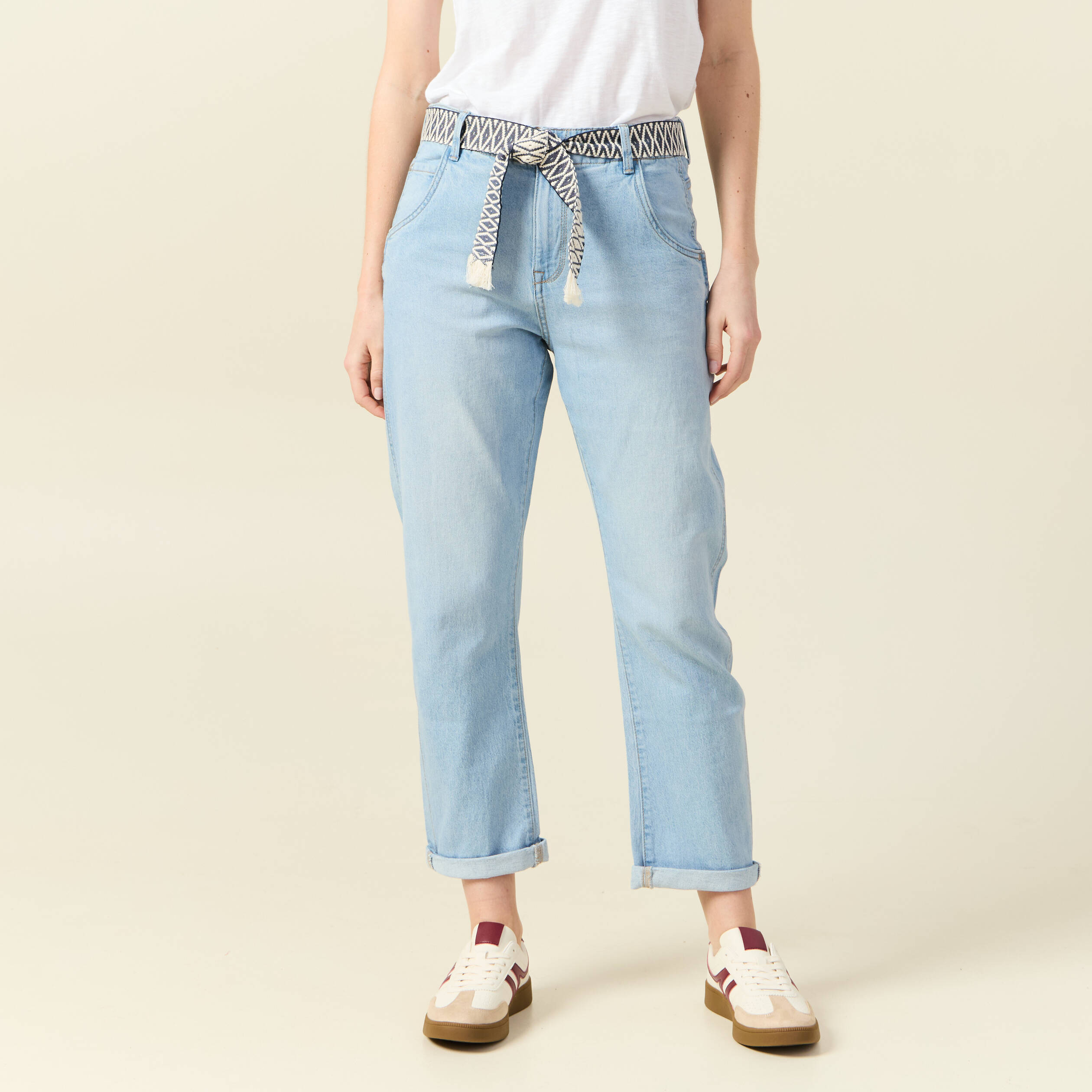jeans boyfriend ceinture denim bleach femme Jeans boyfriend ceinturé denim bleach femme