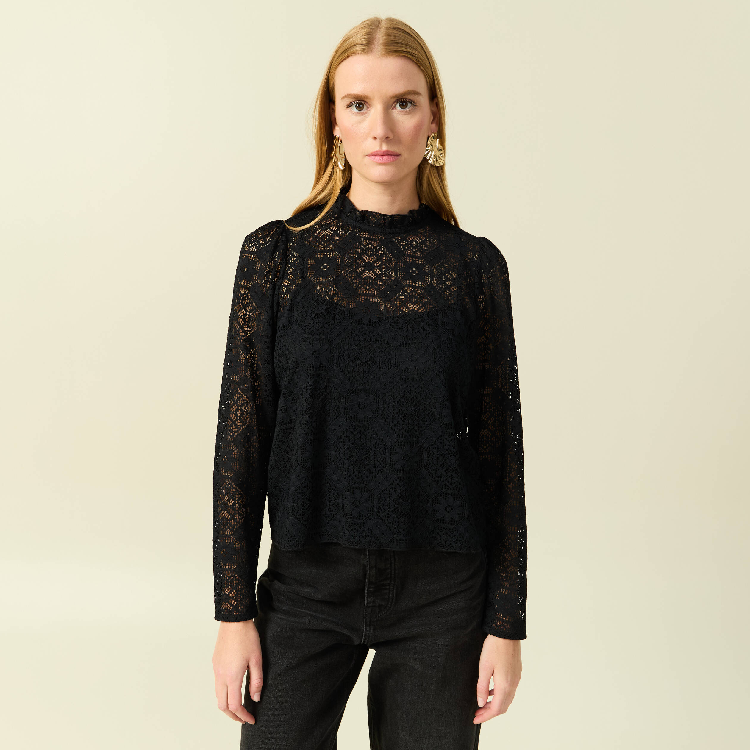 T-shirt droit court manches longues noir femme