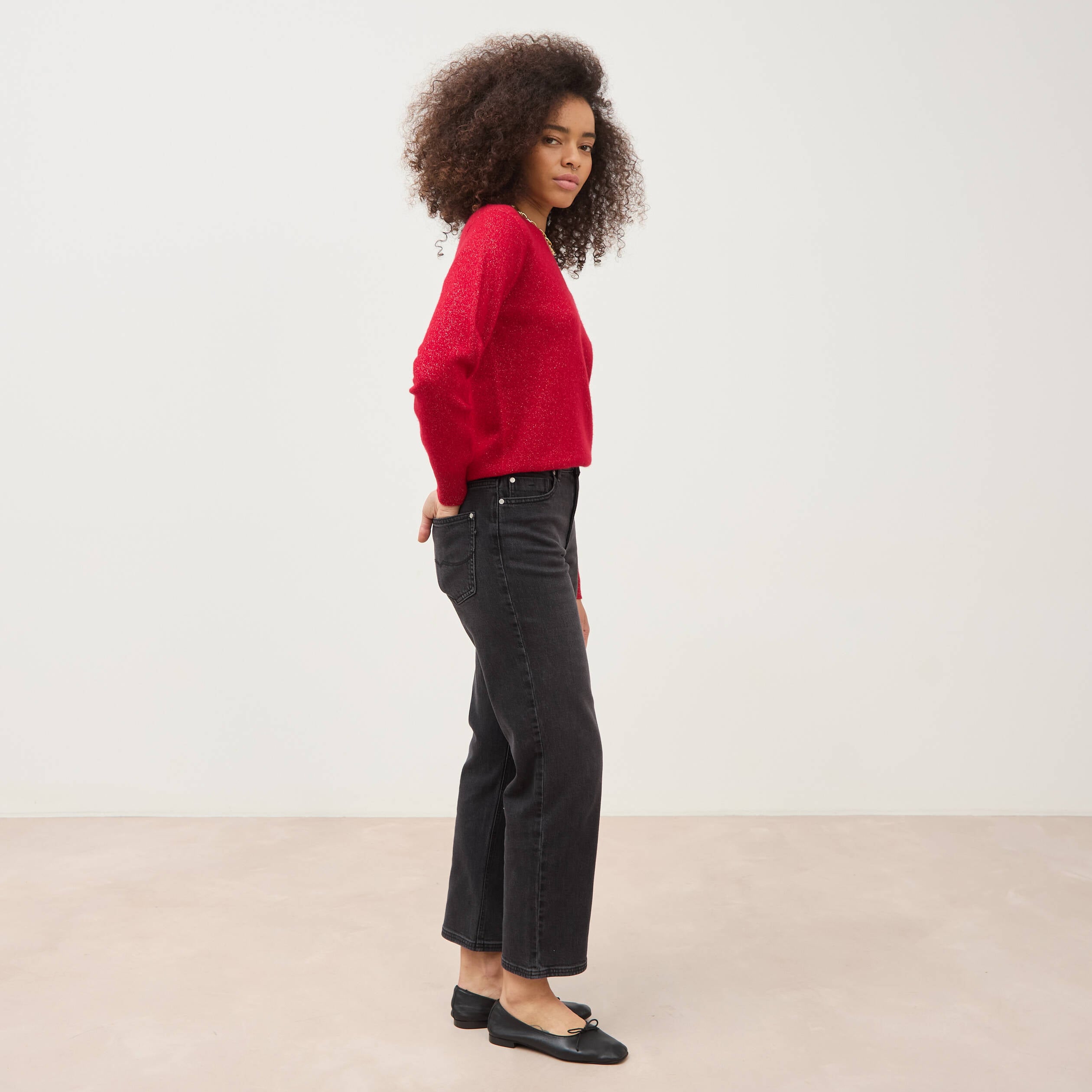 Jeans straight 7/8&egrave;me taille haute denim noir femme