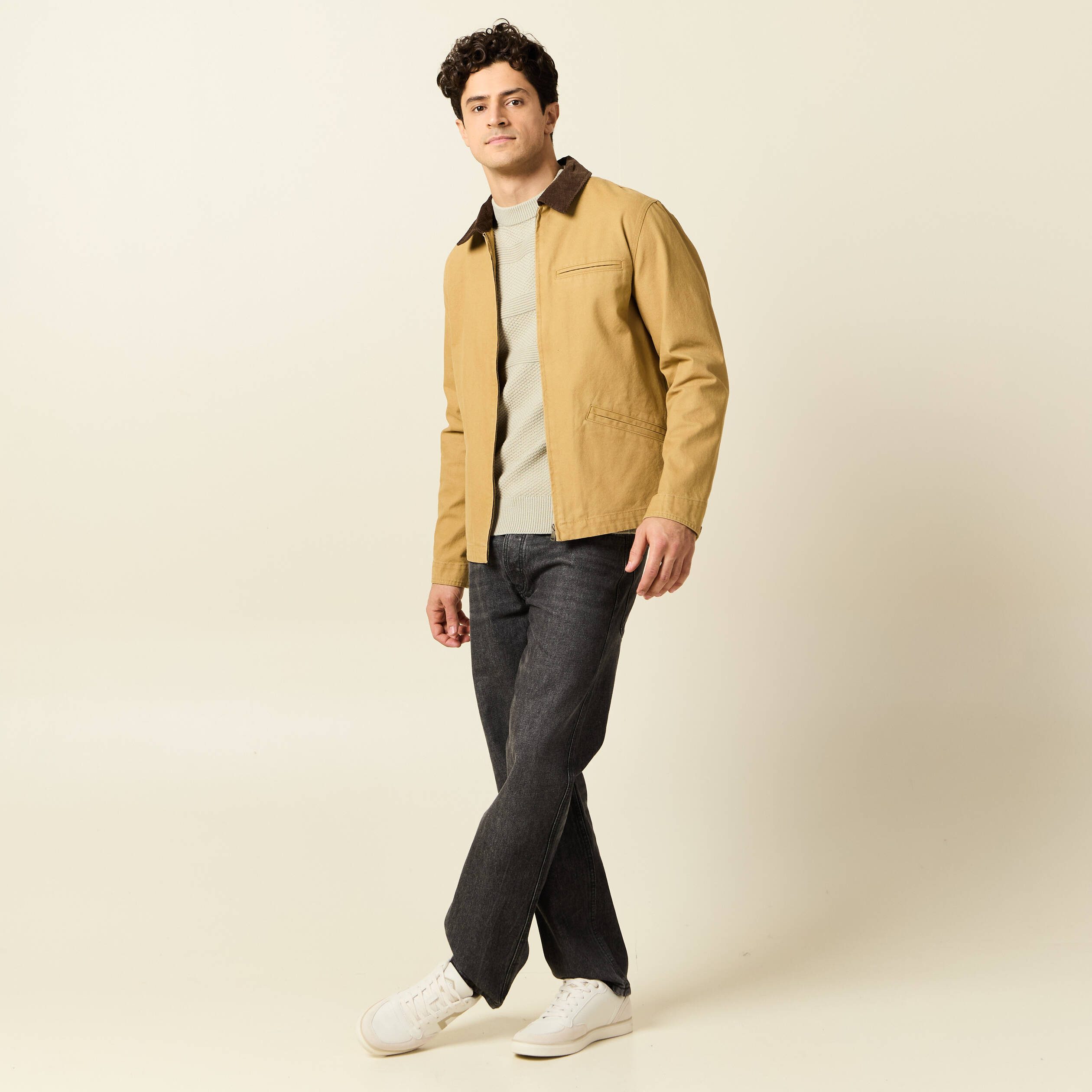 Veste zipp&eacute;e col velours camel homme