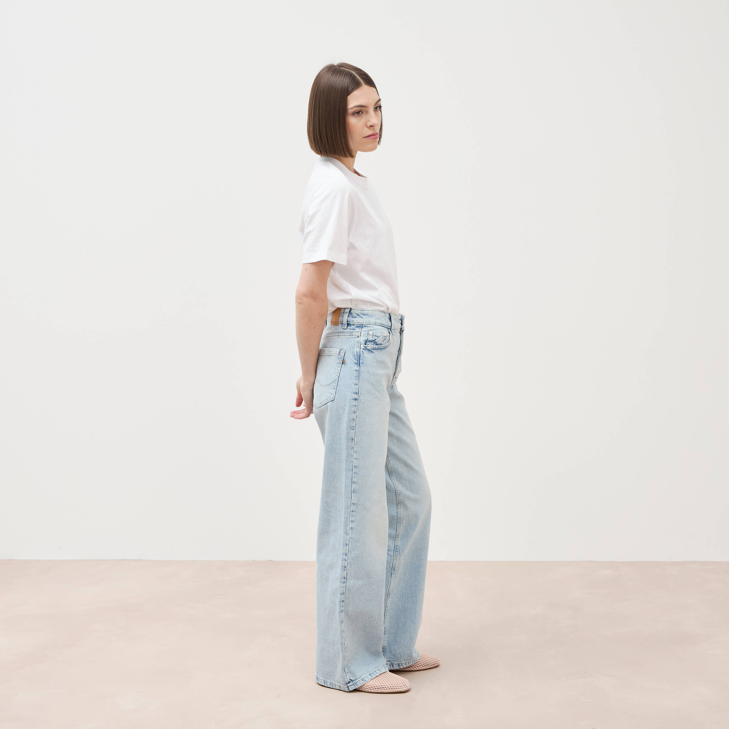 Jeans large taille haute denim bleach femme