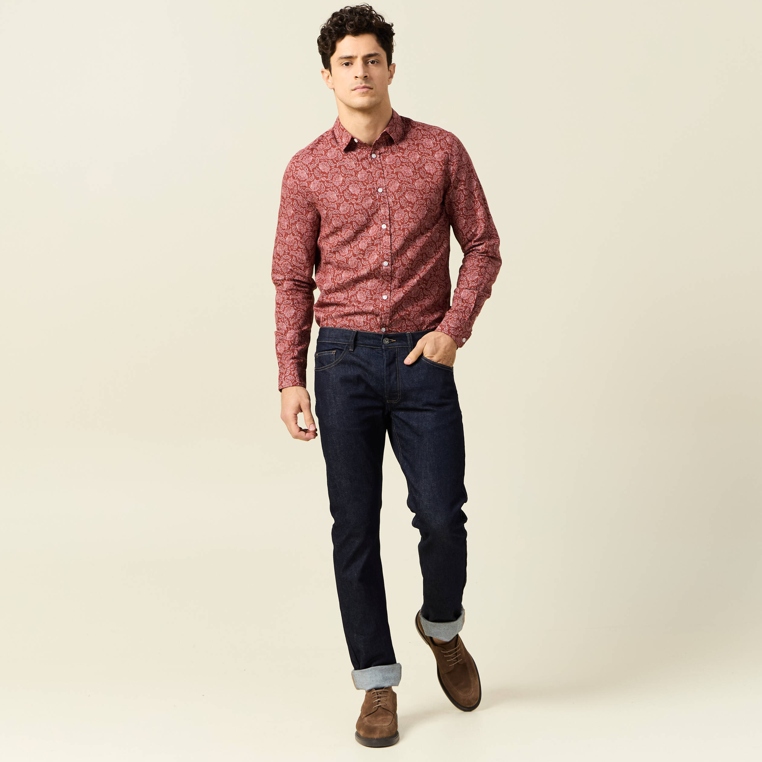 Chemise manches longues marron homme