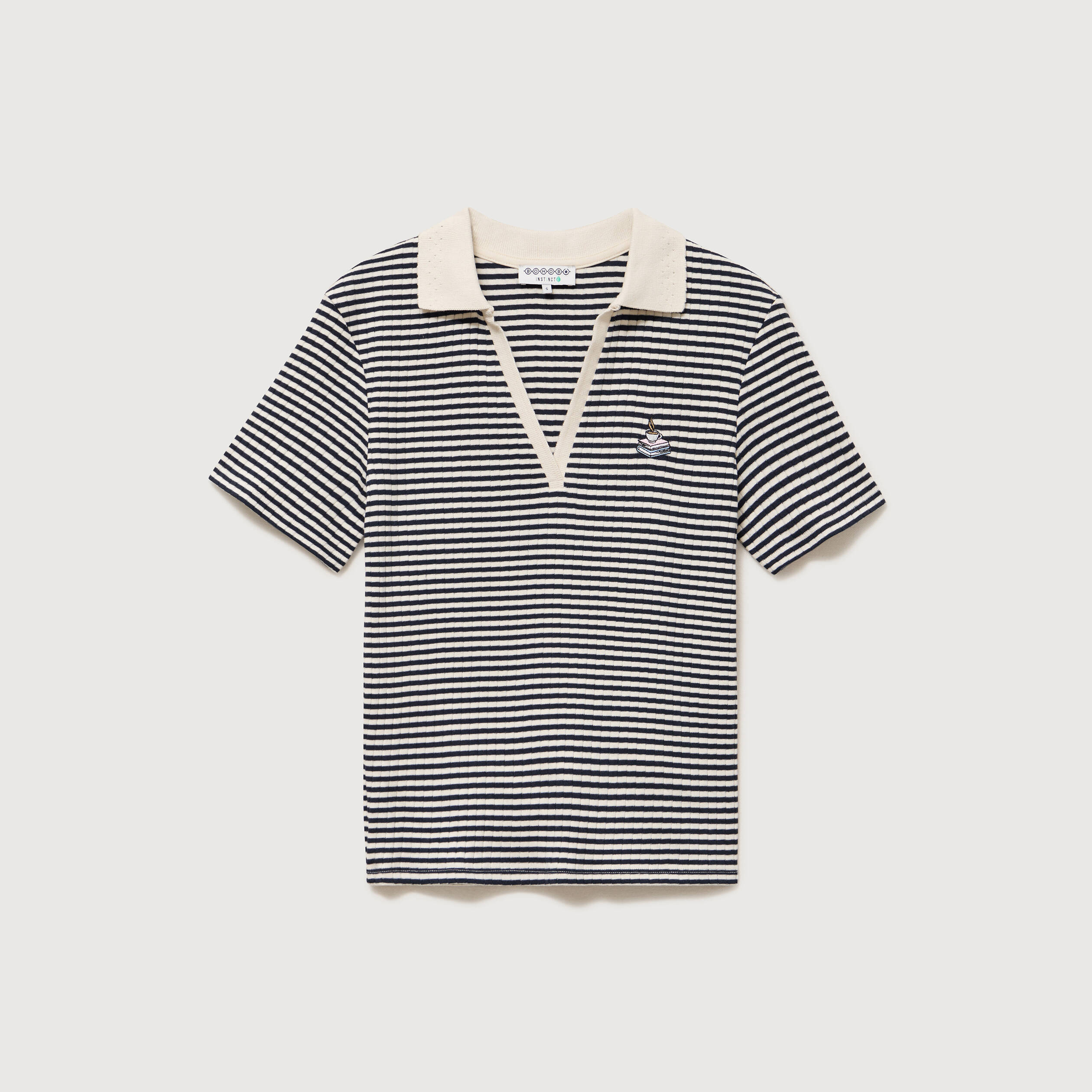 Polo ray&eacute; en coton manches courtes ecru femme