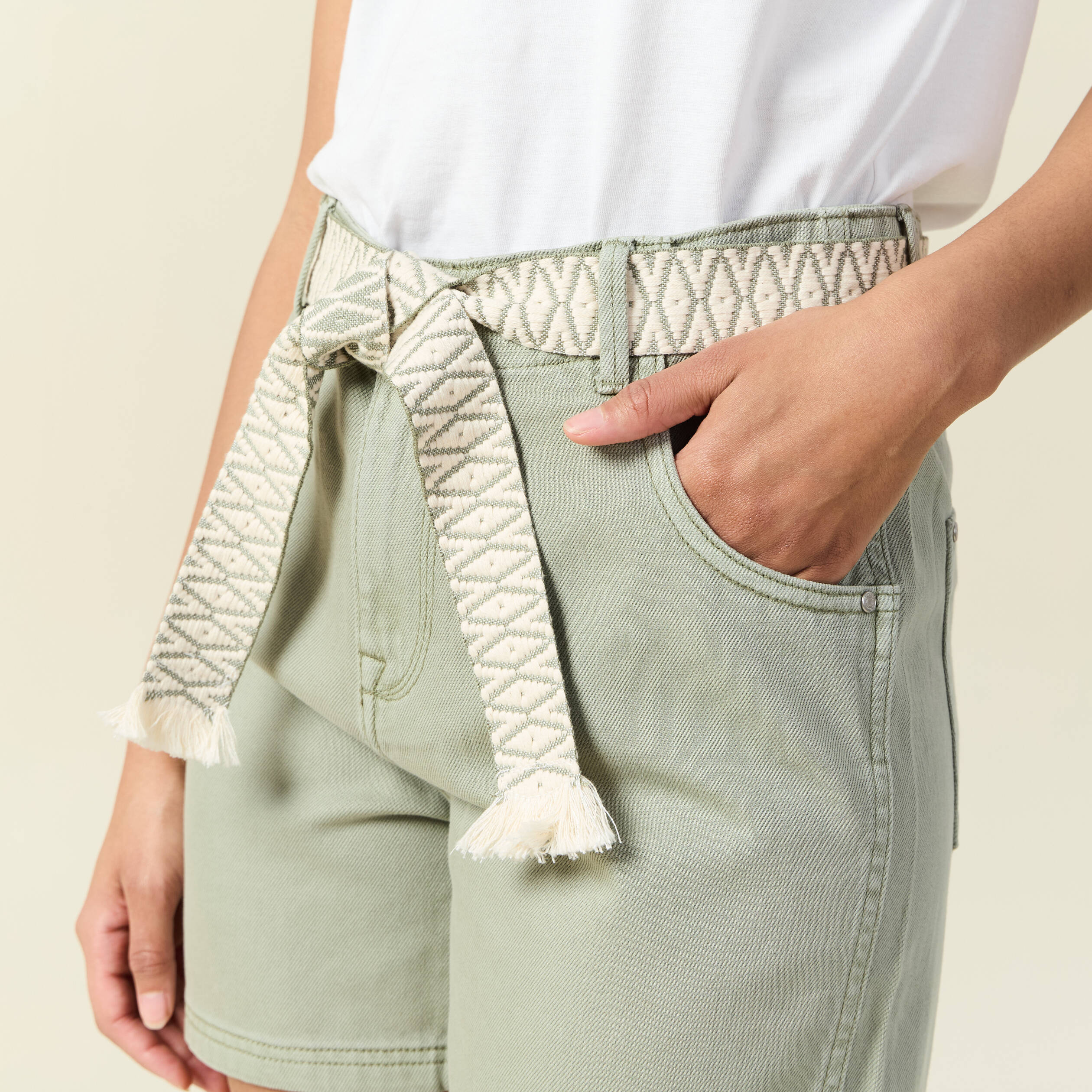 Short boyfriend ceintur&eacute; jean vert kaki femme