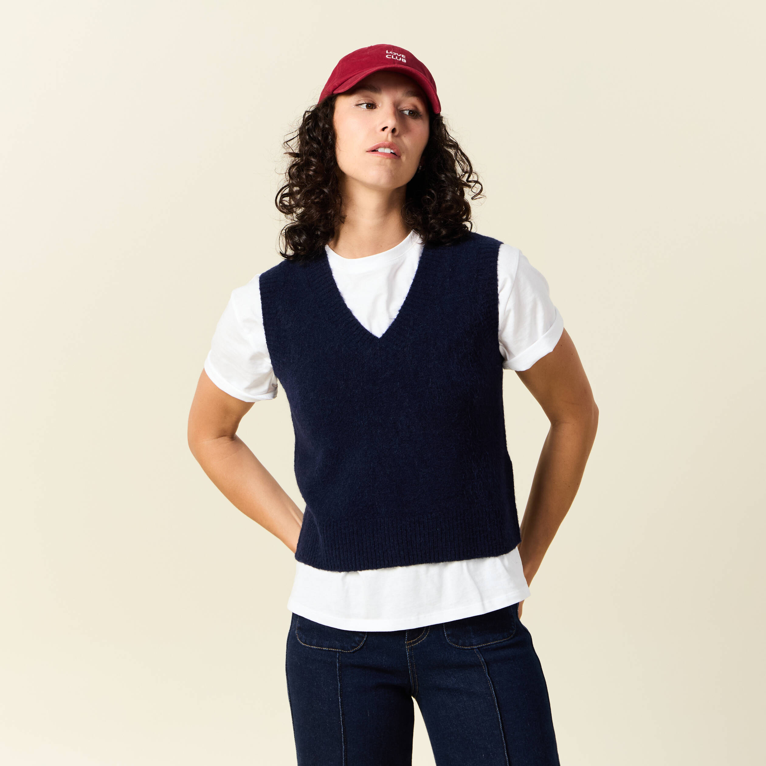 Pull sans manches col en V bleu marine femme