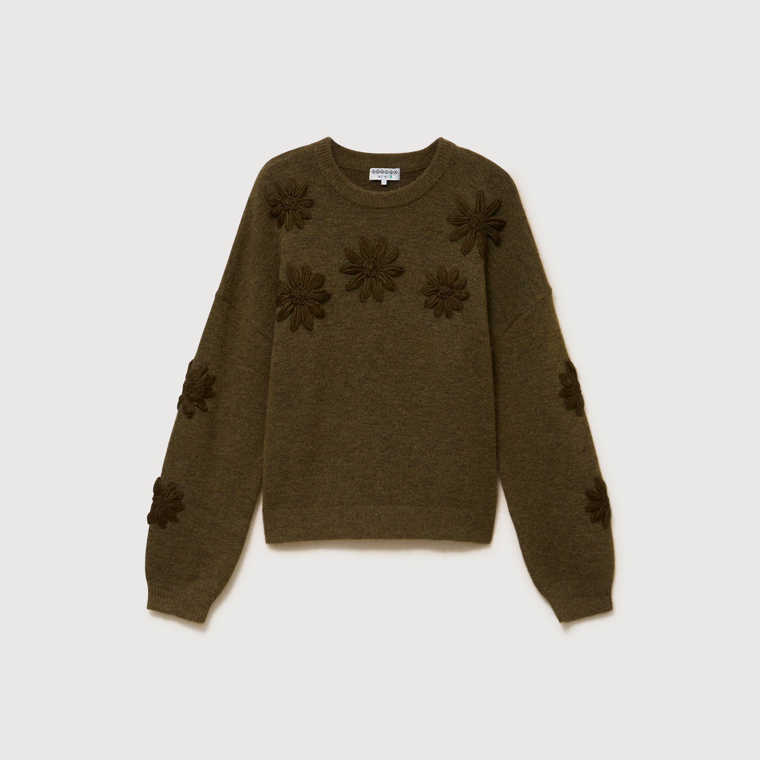 Pull manches longues col rond vert olive femme