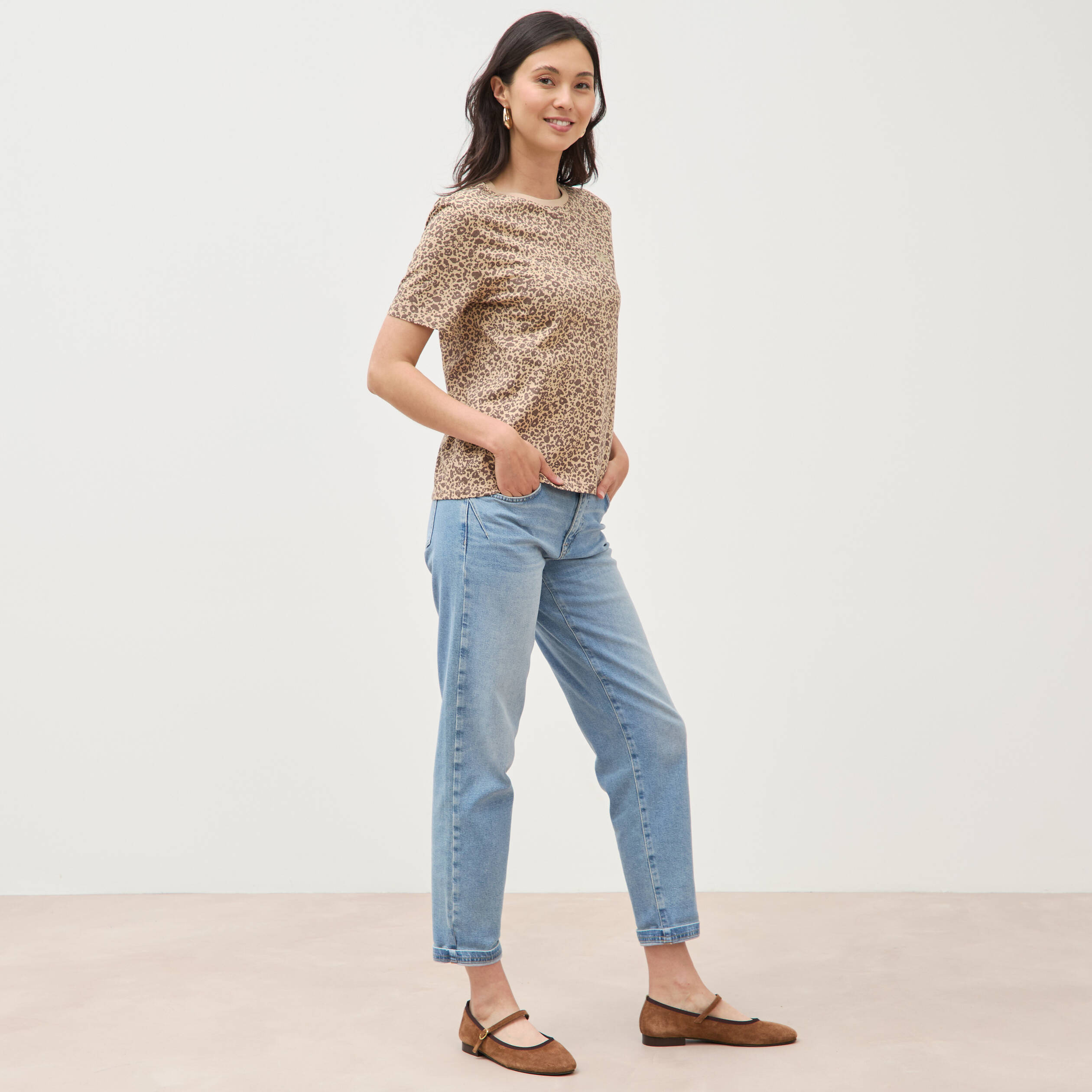 T-shirt droit col rond manches courtes sable femme