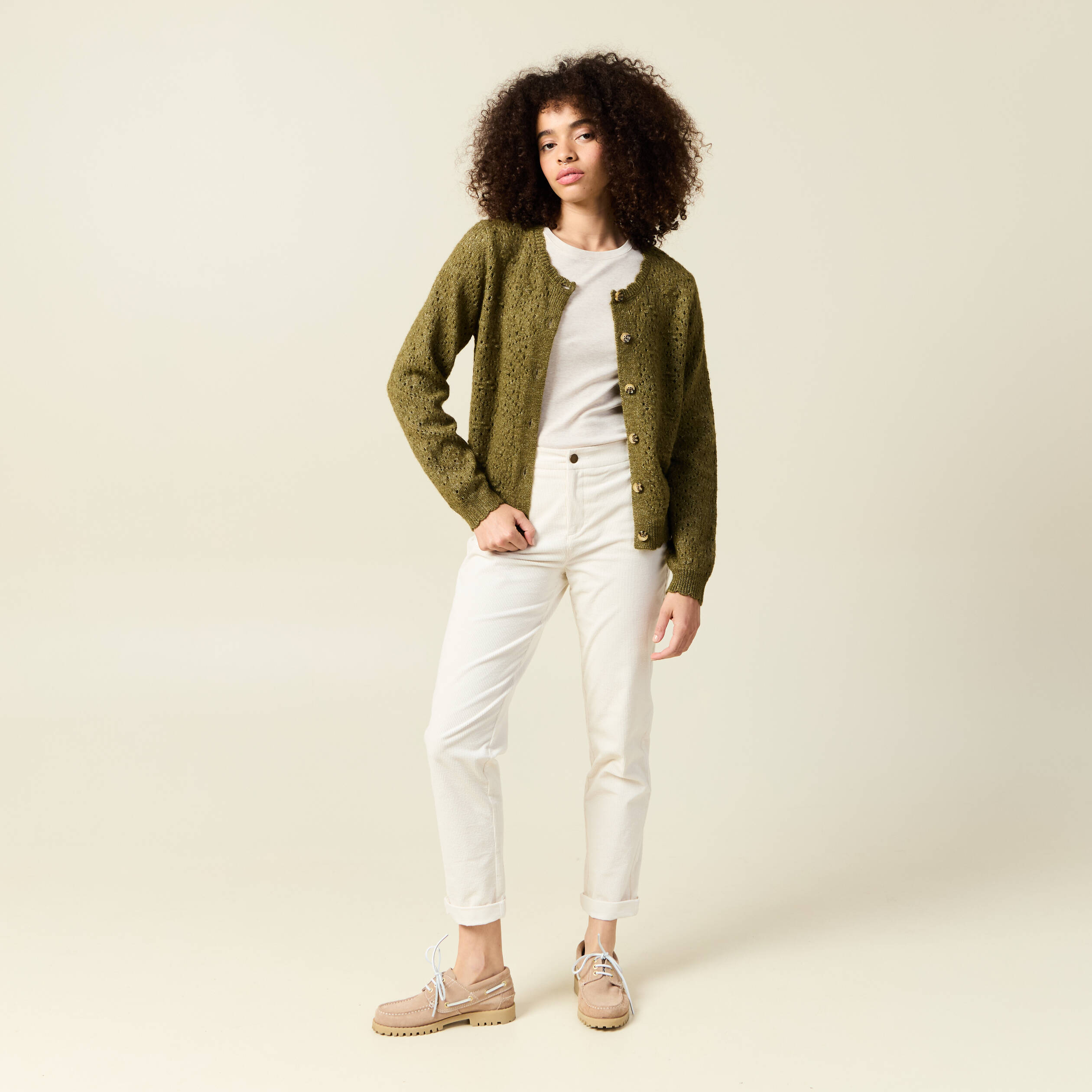 Gilet manches longues col rond vert kaki femme