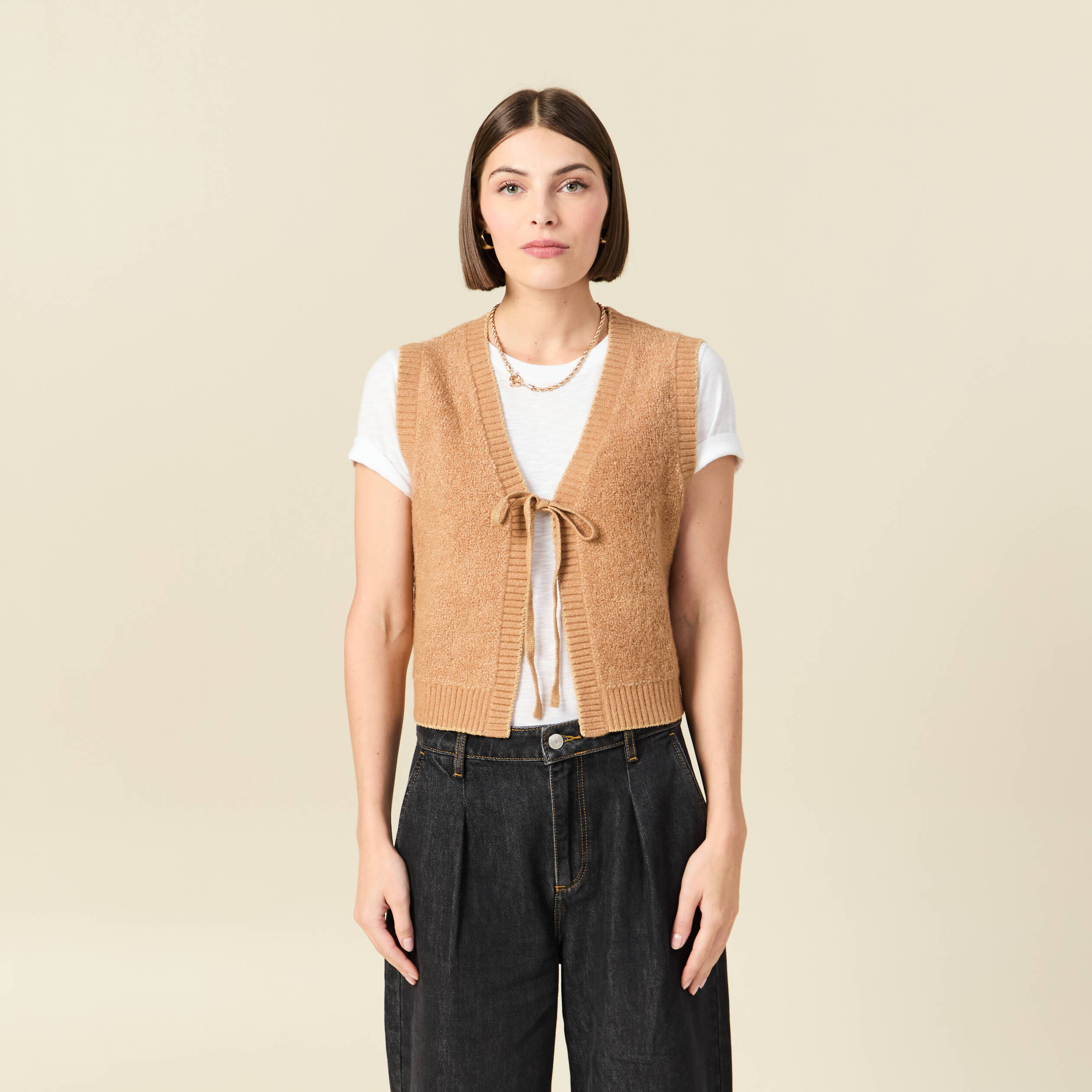 Gilet sherpa droit sans manches beige femme