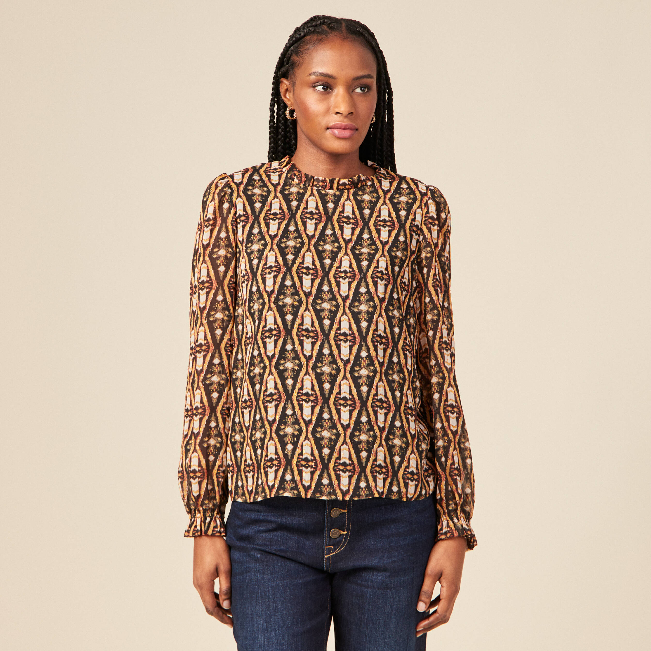 Blouse cintr&eacute;e manches longues col rond camel femme