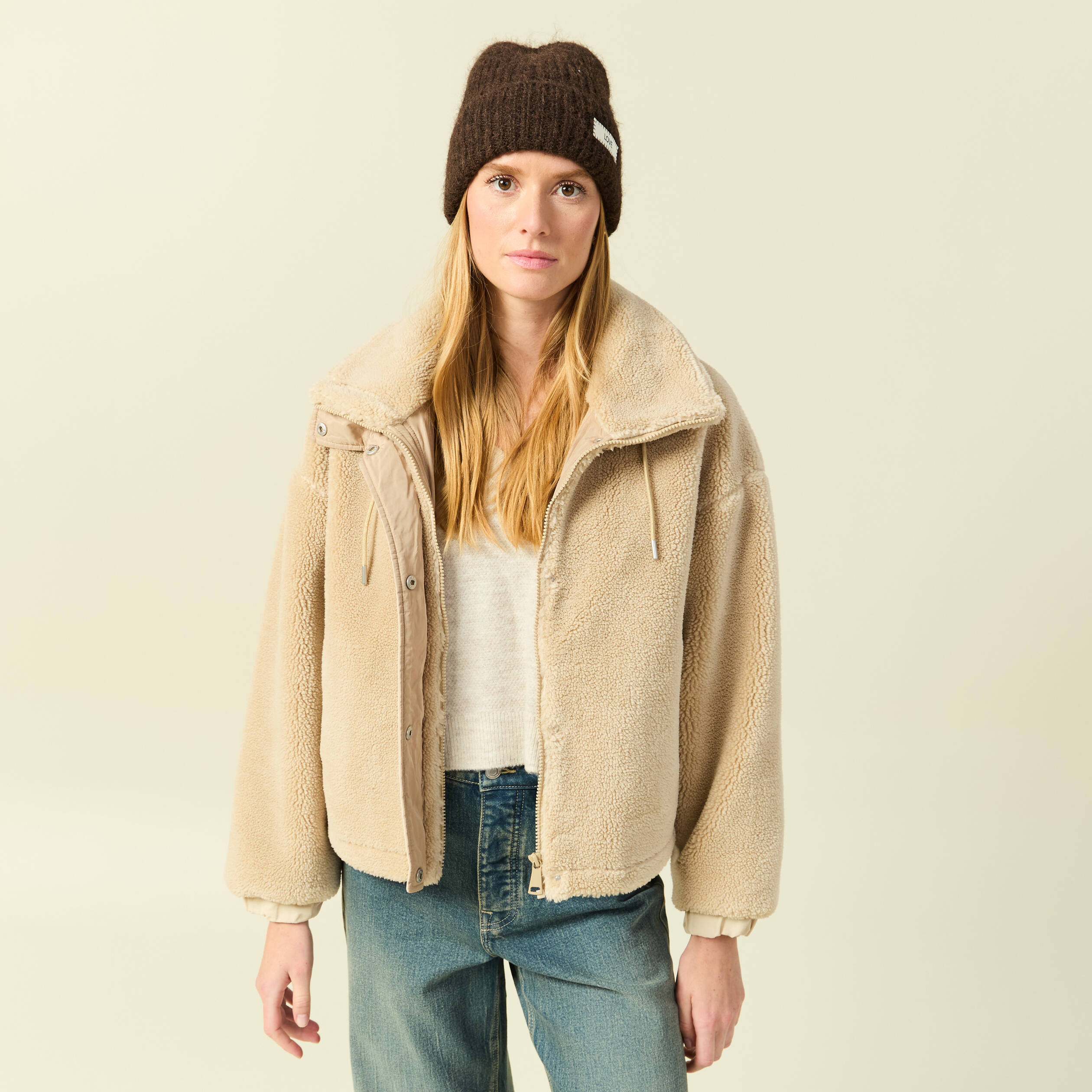 Veste oversize effet polaire col montant creme femme