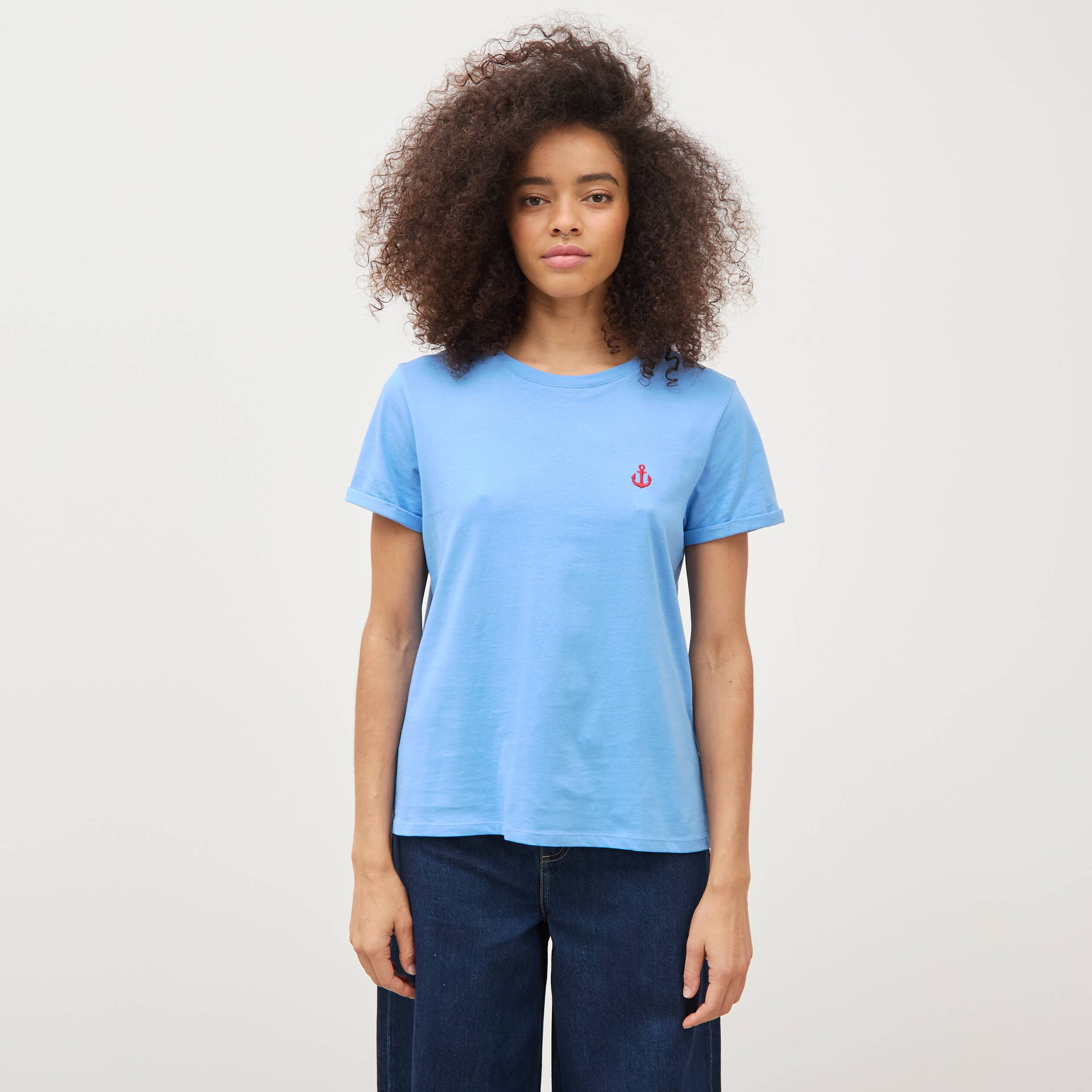T-shirt droit col rond manches courtes bleu clair femme