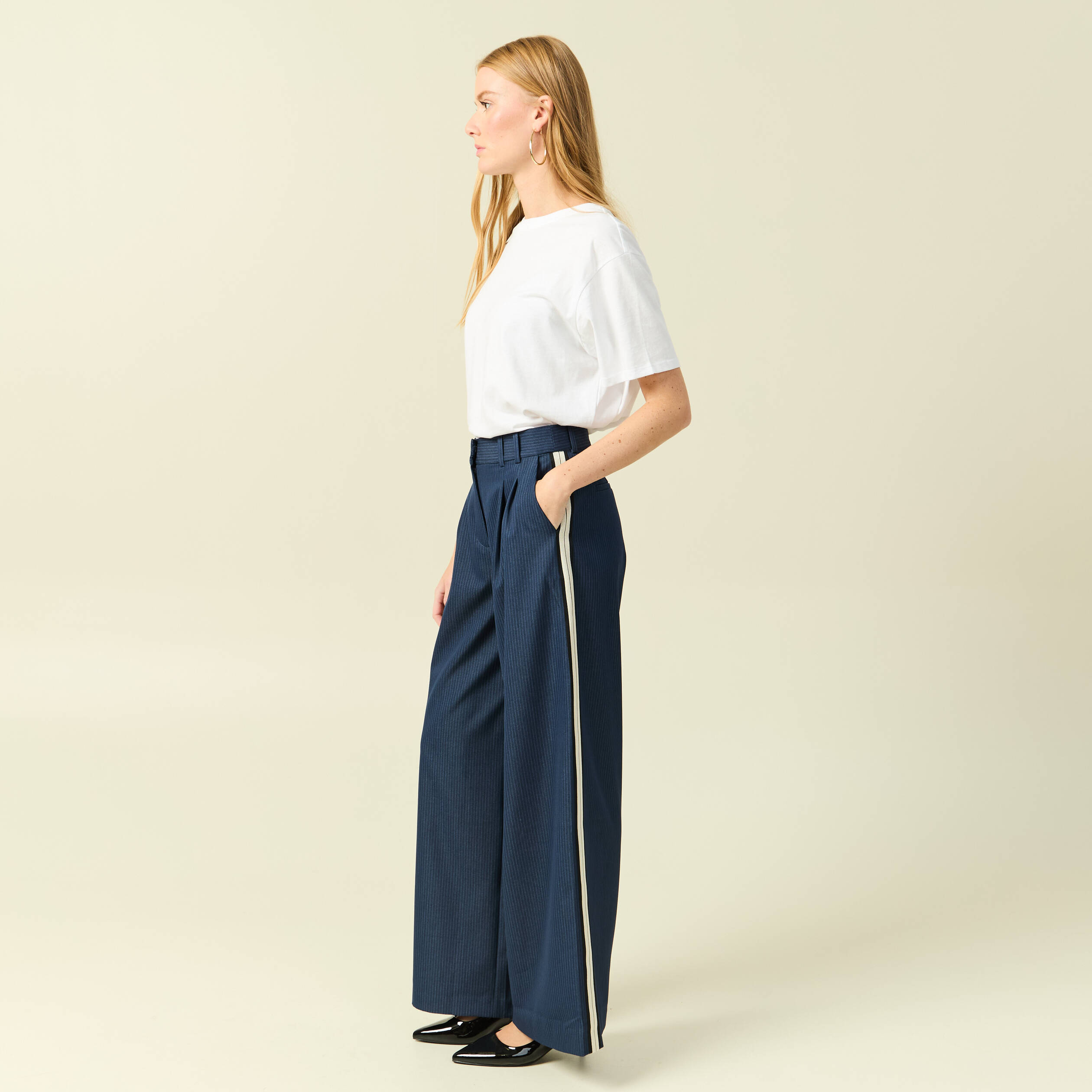 Pantalon Bleu Marine Look Pantalon Taille Haute Fluide Pantalon à