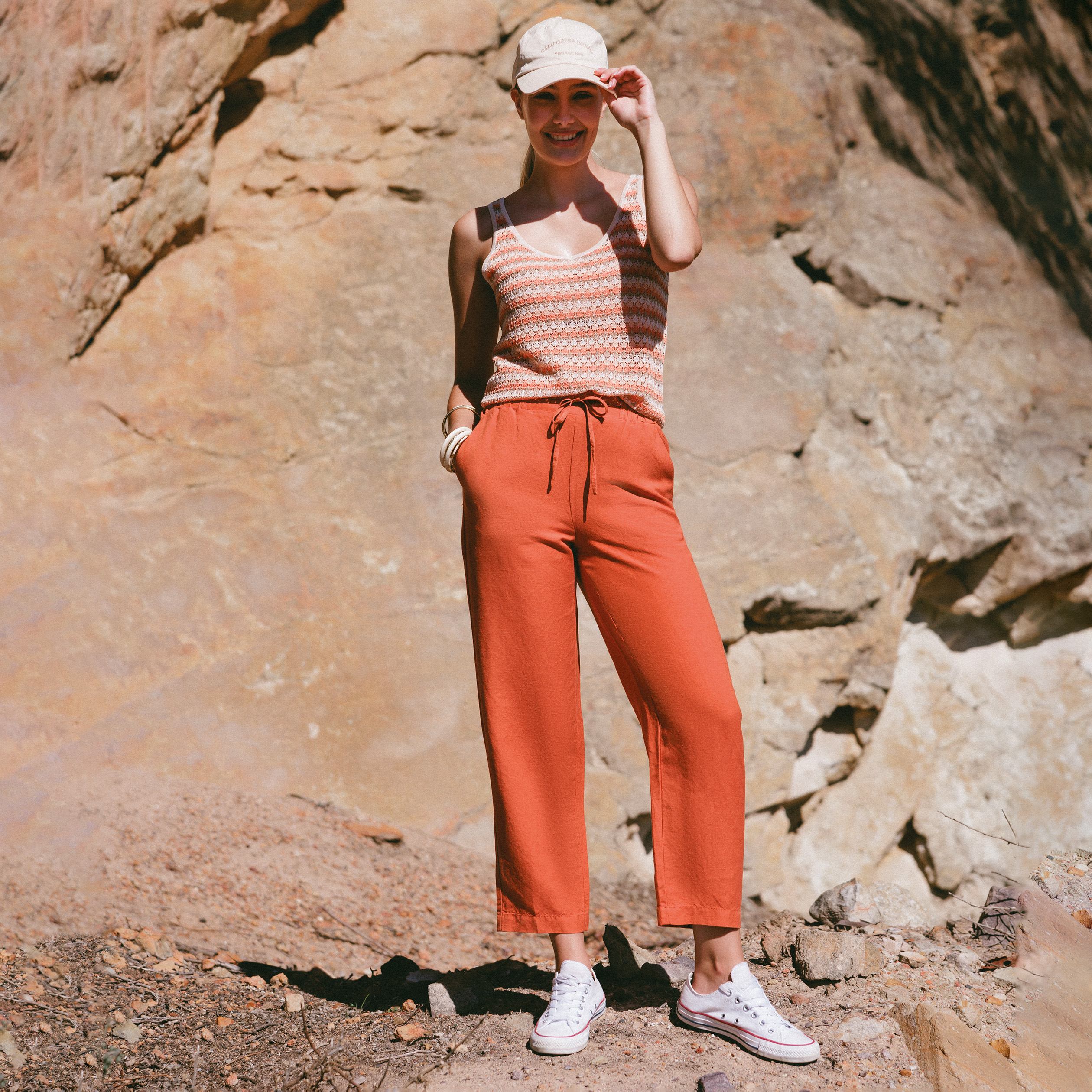 Pantalon à taille élastiquée orange foncé femme