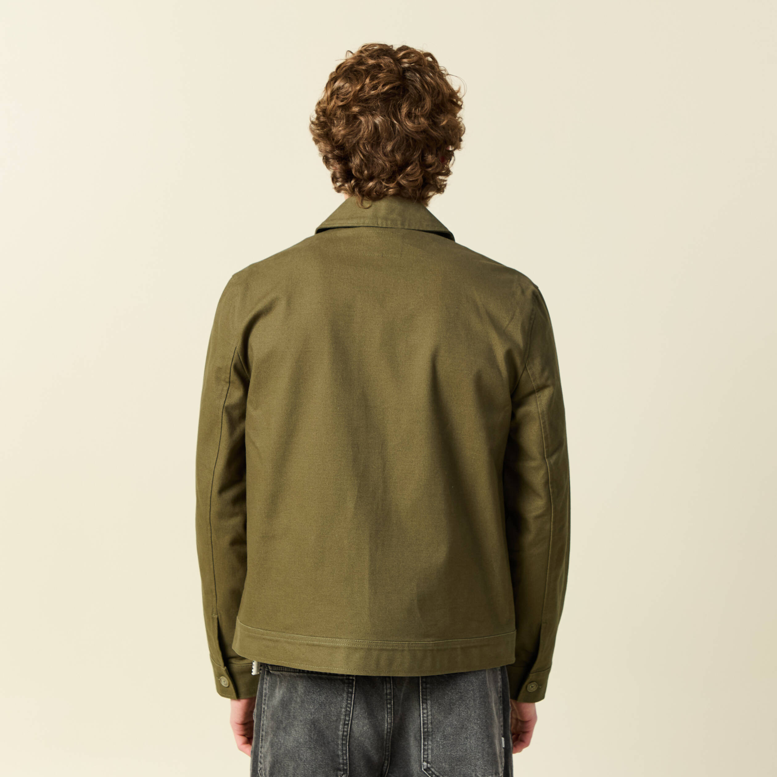 Blouson droit court en coton vert kaki homme